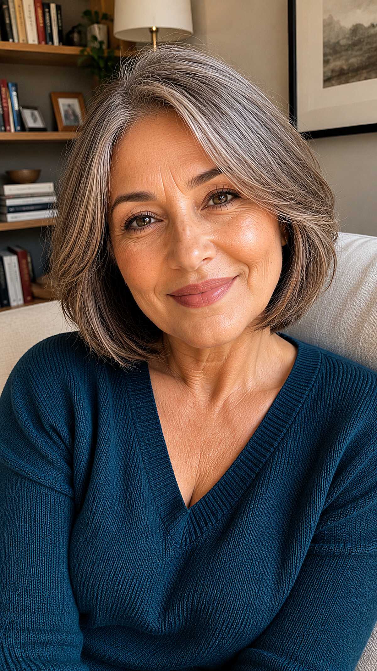 Salt and pepper chin-length bob with natural wave