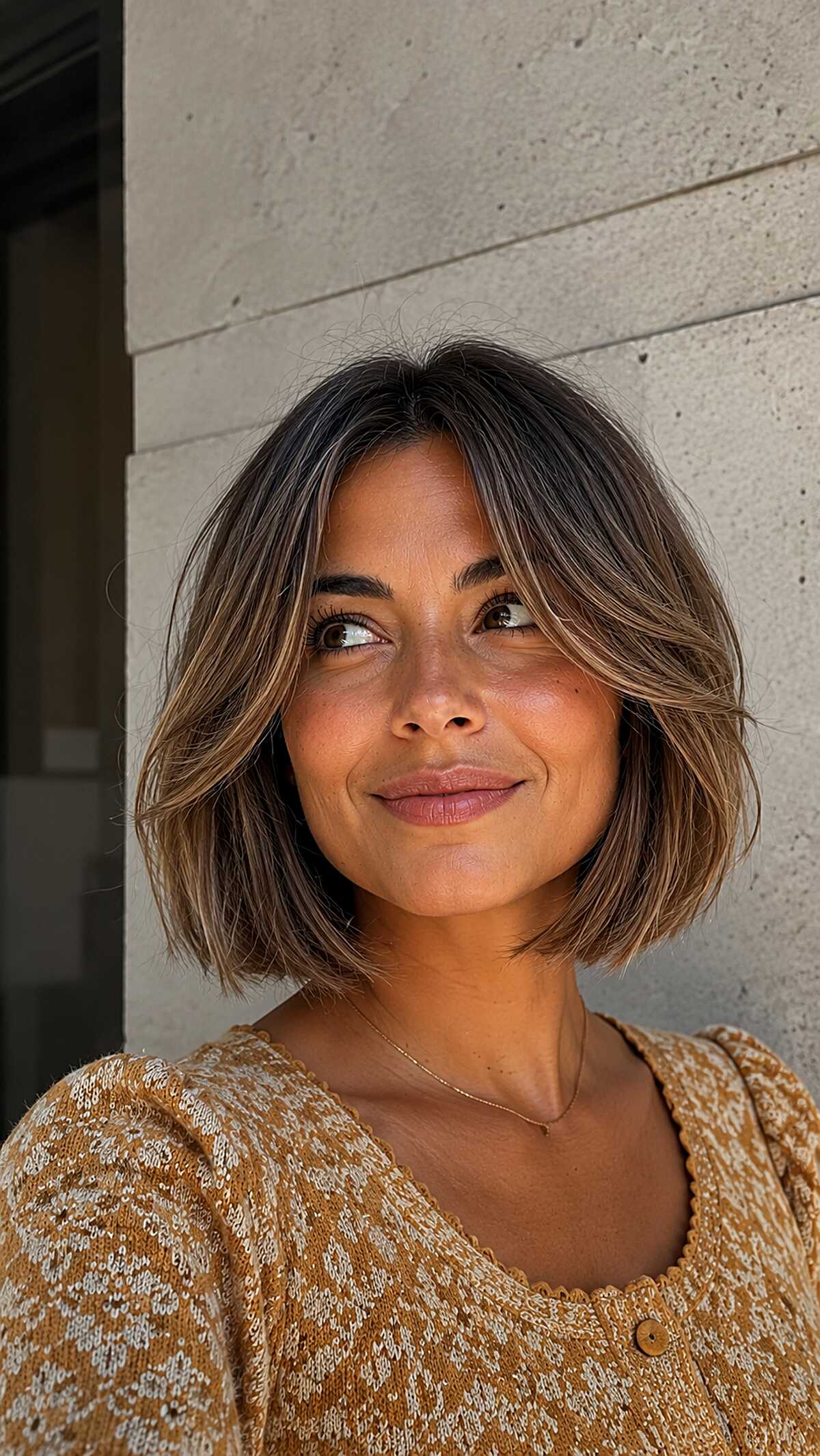 Brunette chin-length bob with middle part and soft ends