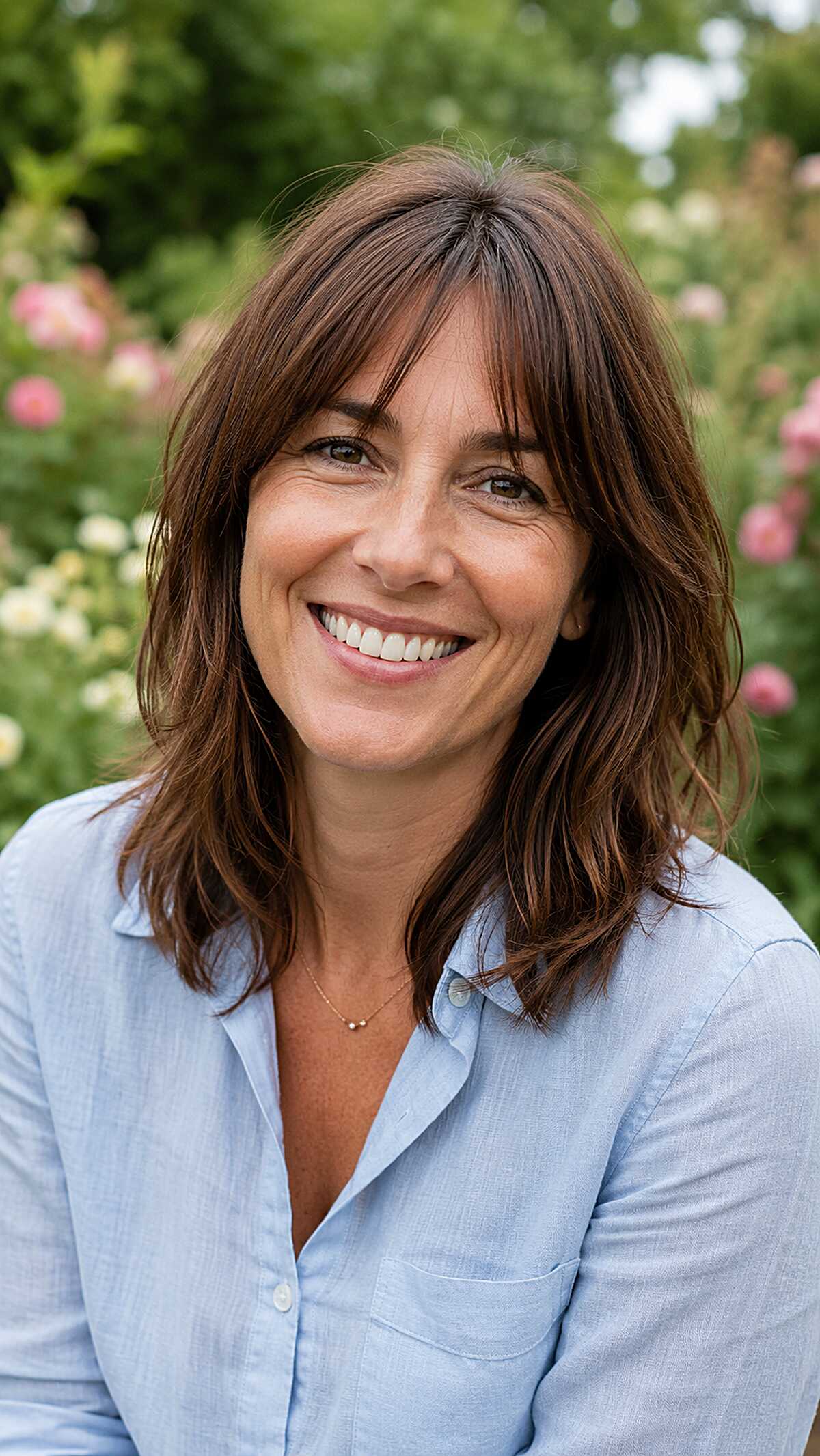 Tousled Brunette Shag with Thin Curtain Fringe and Loose Wave