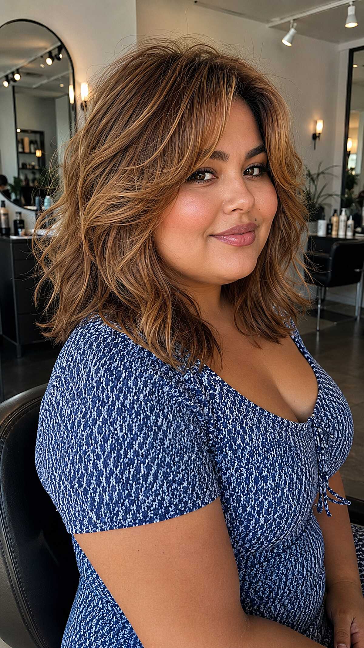 Tousled Caramel Bronde Lob with Razored Curtain Fringe