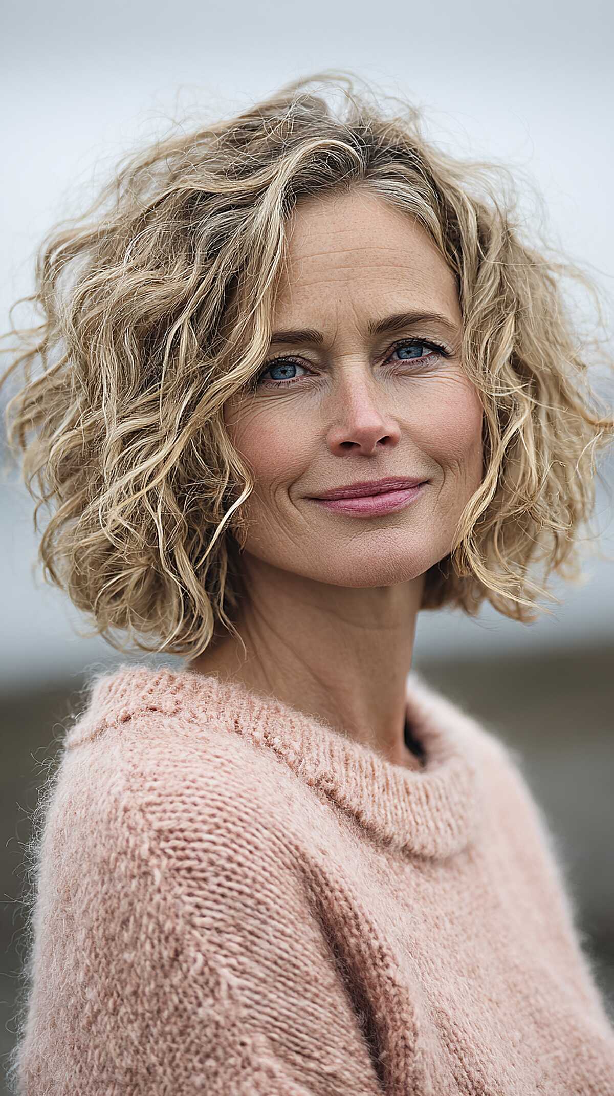 Tousled Chin-Length Curls with Dimensional Sandy Blonde