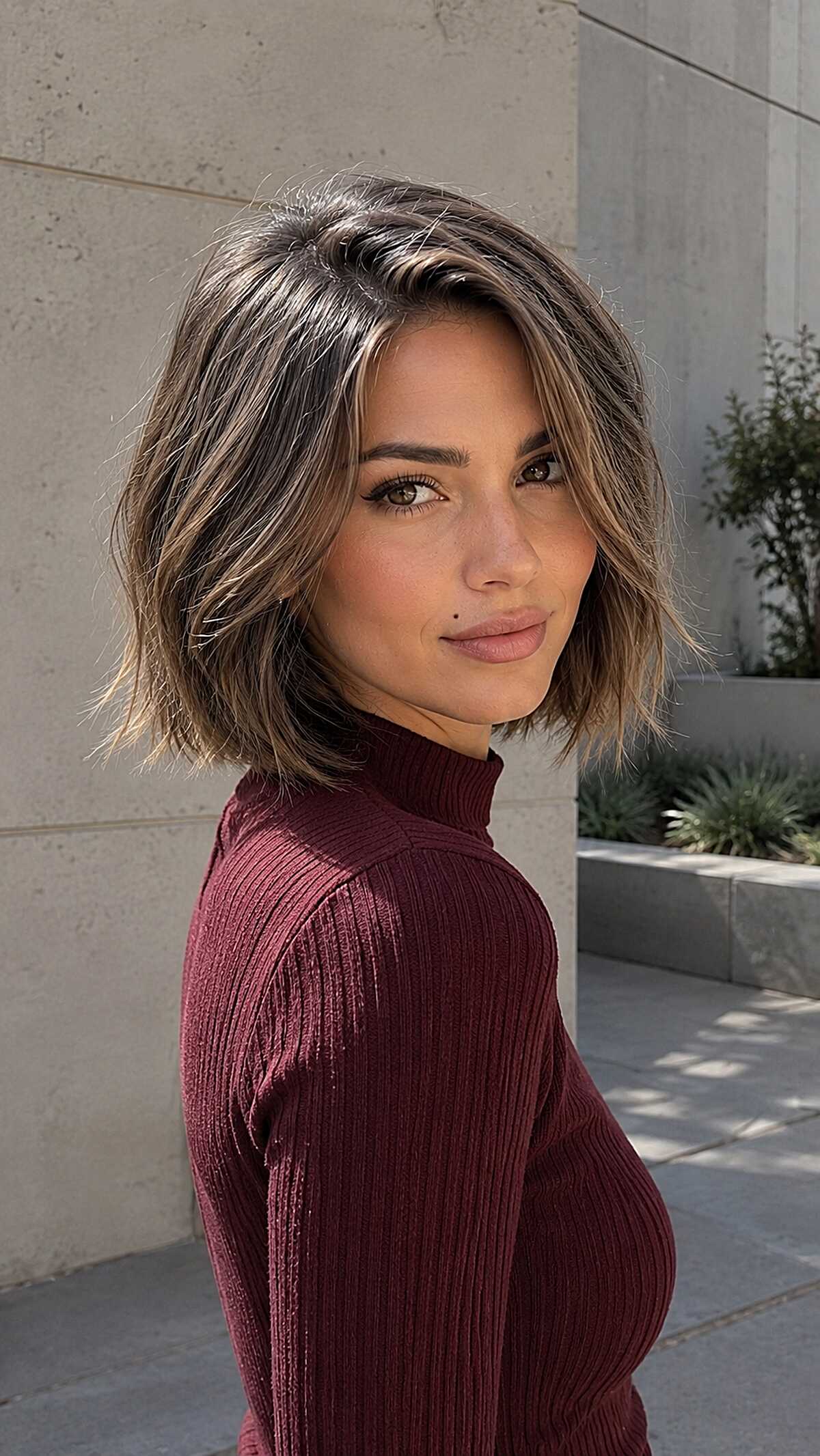 Mushroom bronde bob with tousled waves and cool undertones