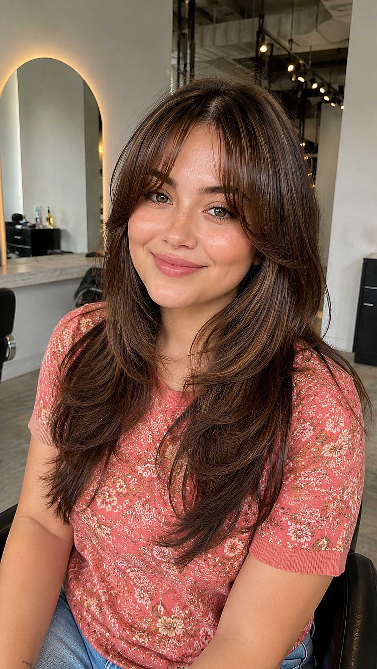 Warm Brunette Butterfly Cut with Cheekbone-Grazing Bangs