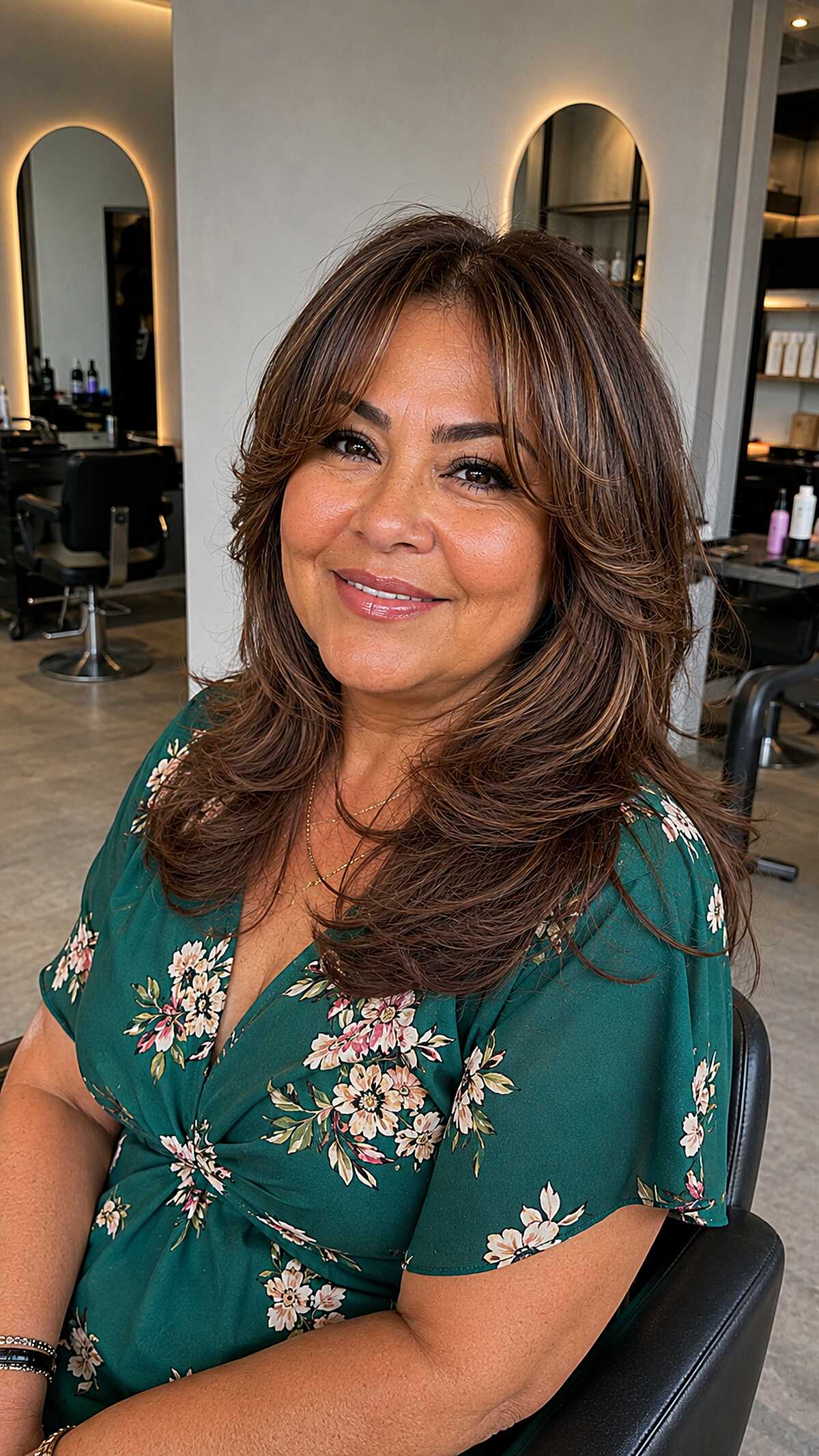Warm Brunette Feathered Layers with Swept Curtain Fringe
