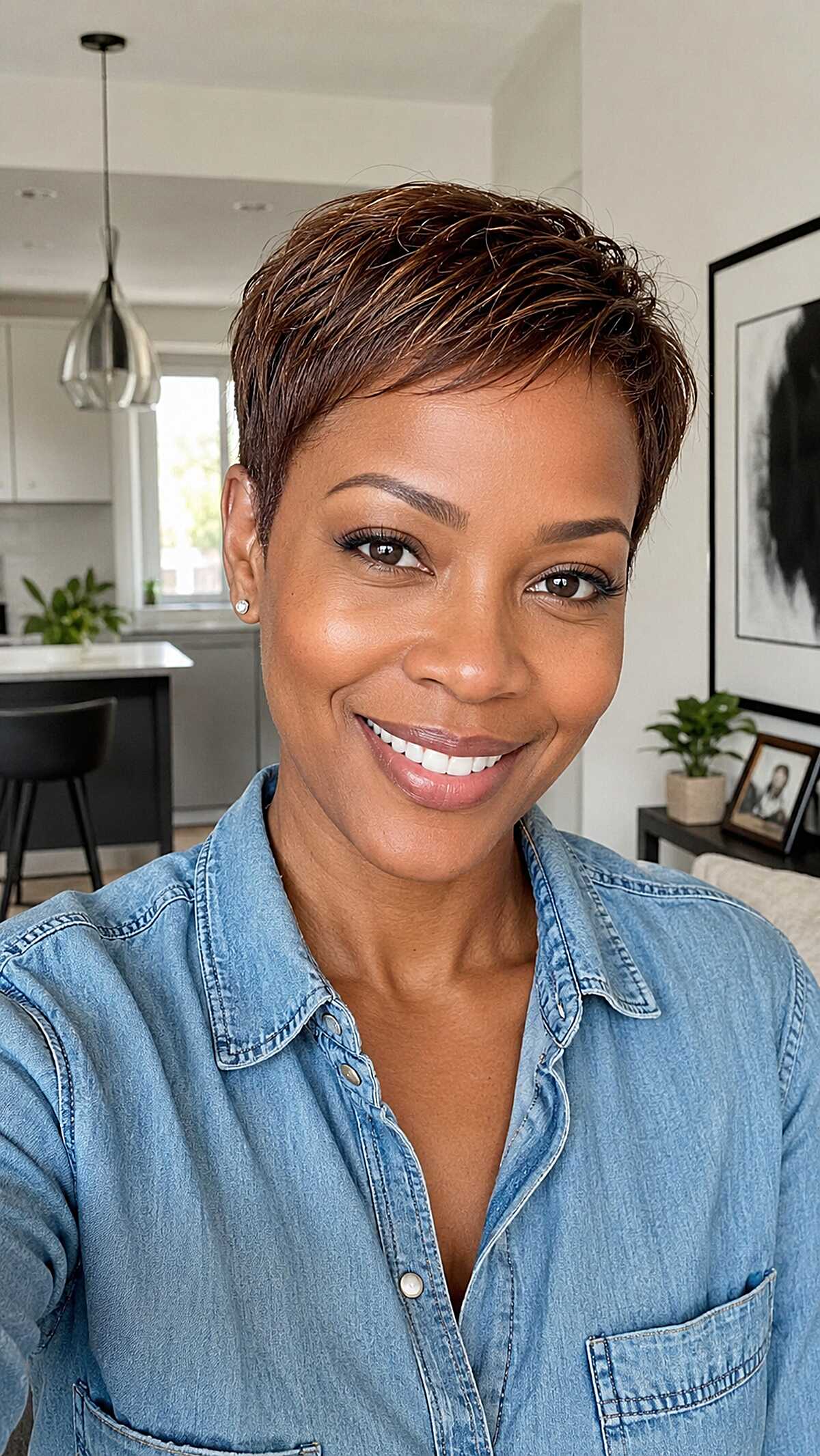 Warm Brunette Pixie with Glossy Finger-Combed Top