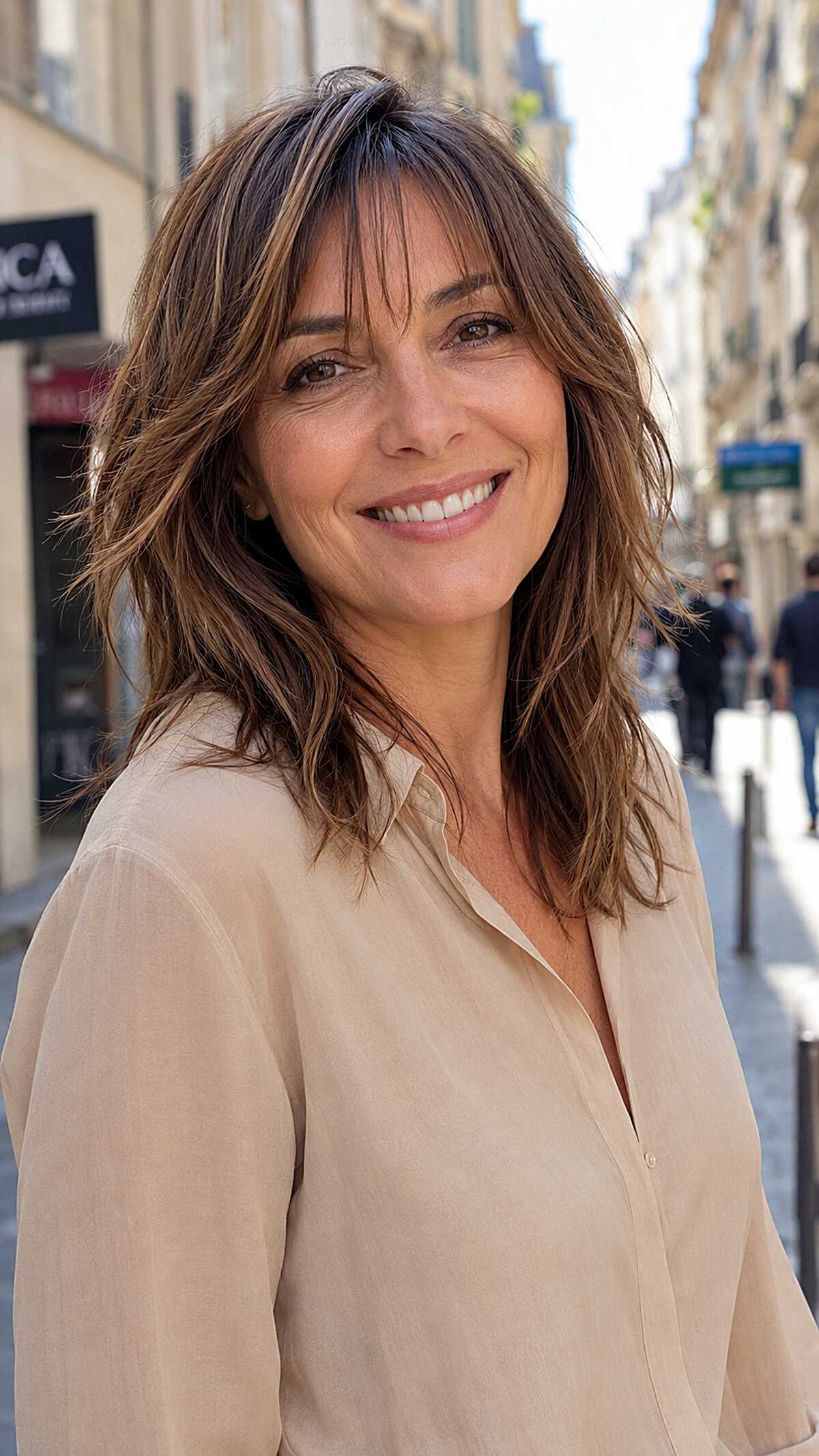 Warm Brunette Shag with Razored Curtain Fringe and Sun-Lit Dimension