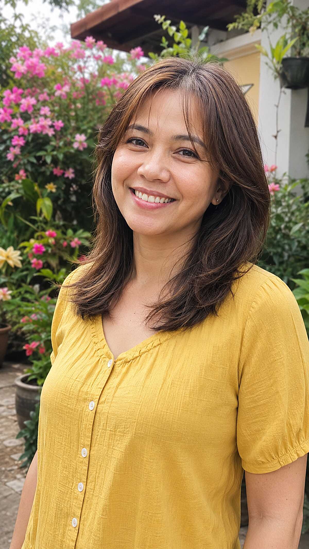 Warm Brunette Shag with Swept Curtain Fringe and Flipped Ends