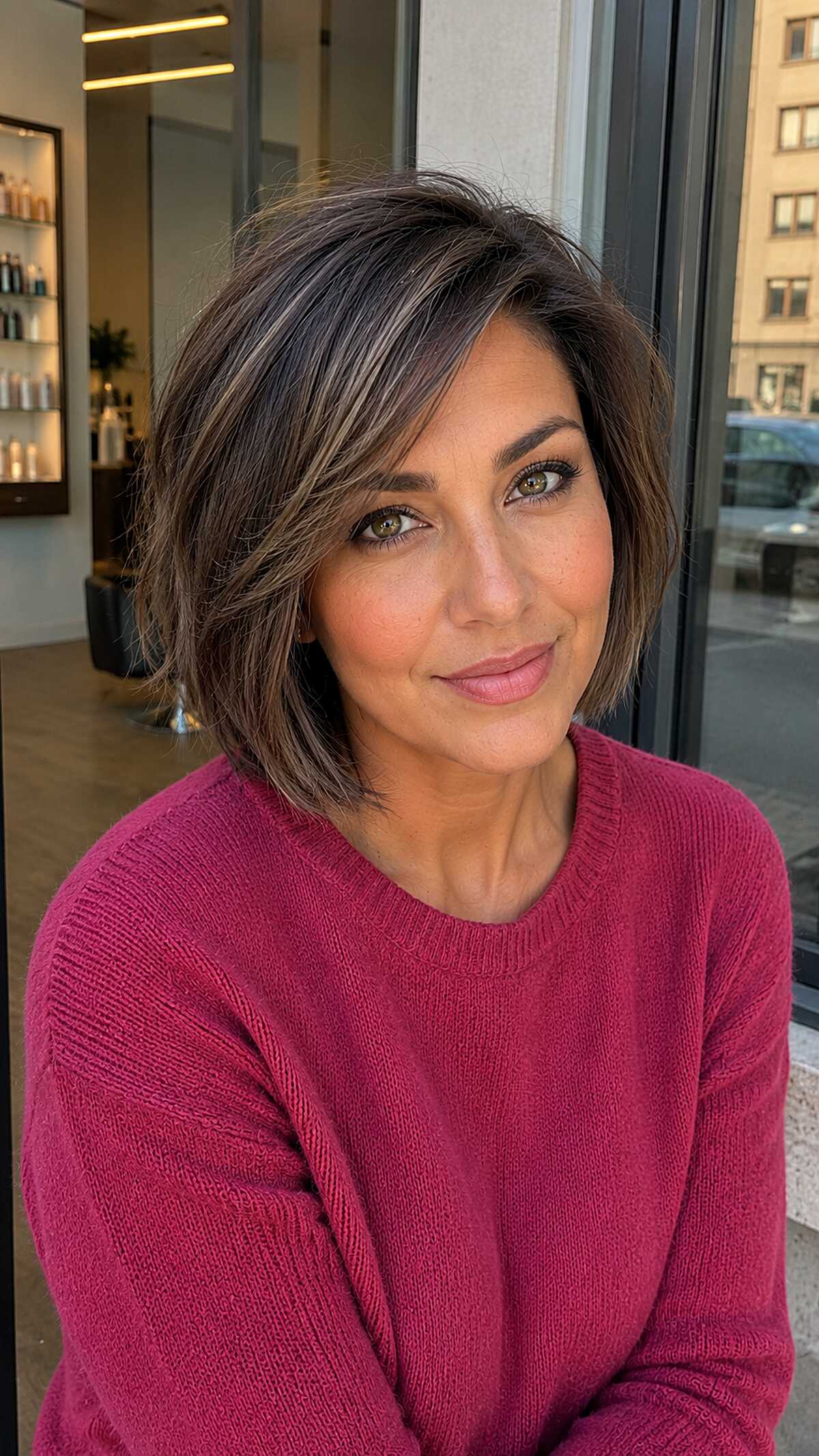 Chin-length brunette bob with side-swept layers and highlights