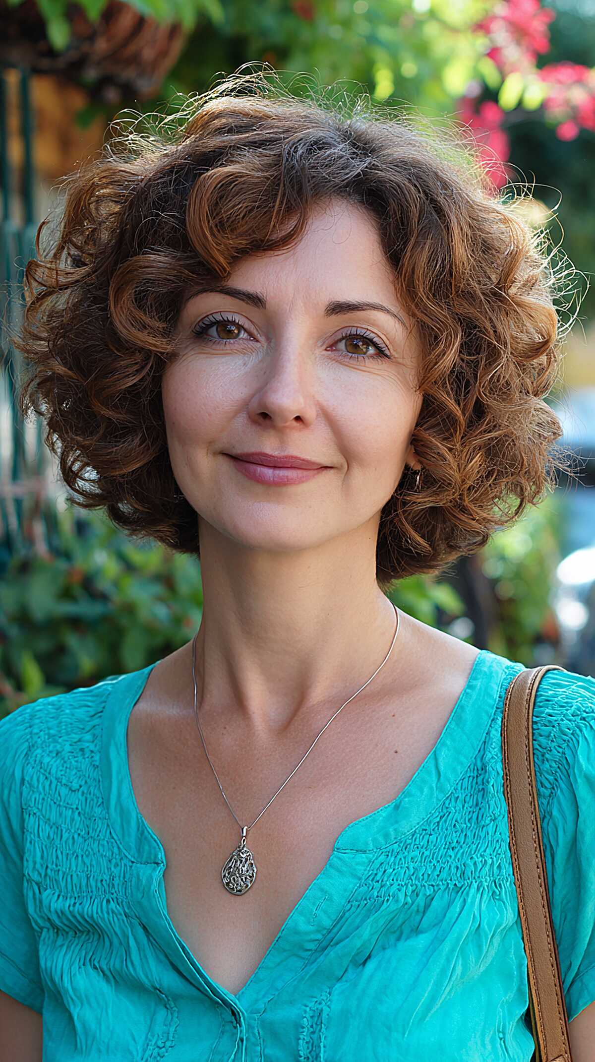 Warm Chestnut Curly Bob with Face-Framing Volume