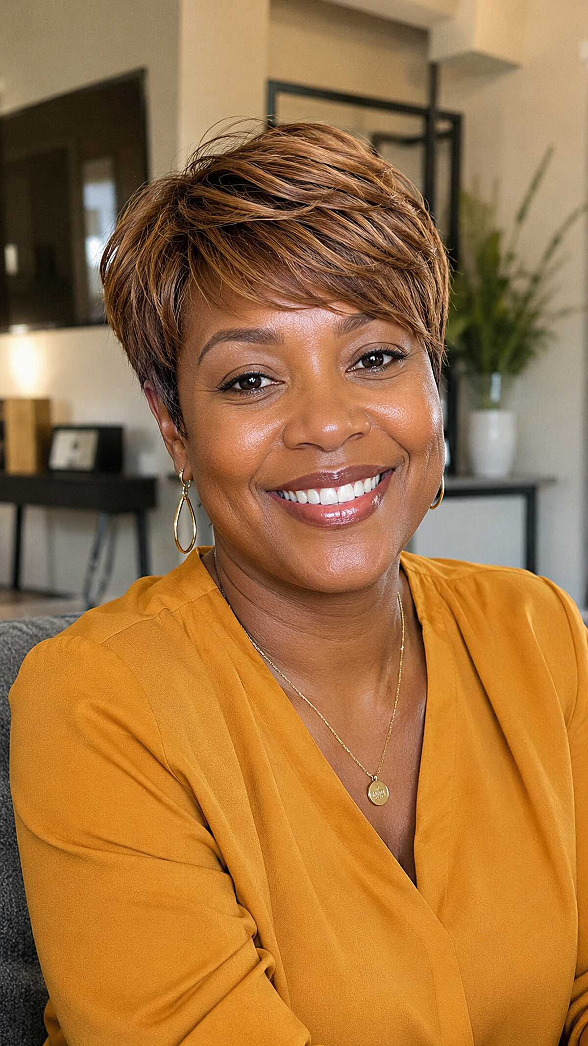 Warm Copper Pixie with Feathered Crown