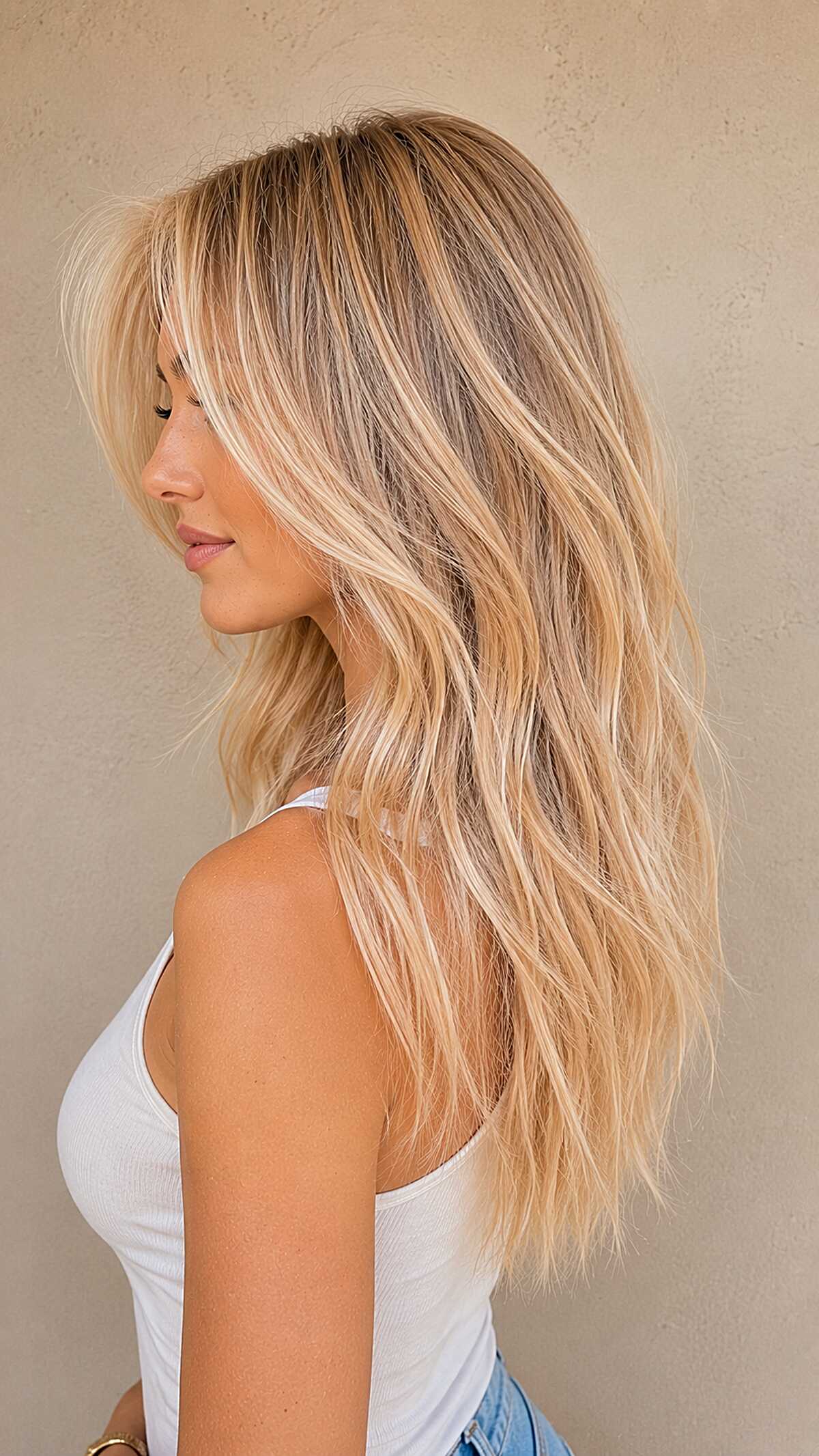 Long wavy golden blonde balayage with darker roots