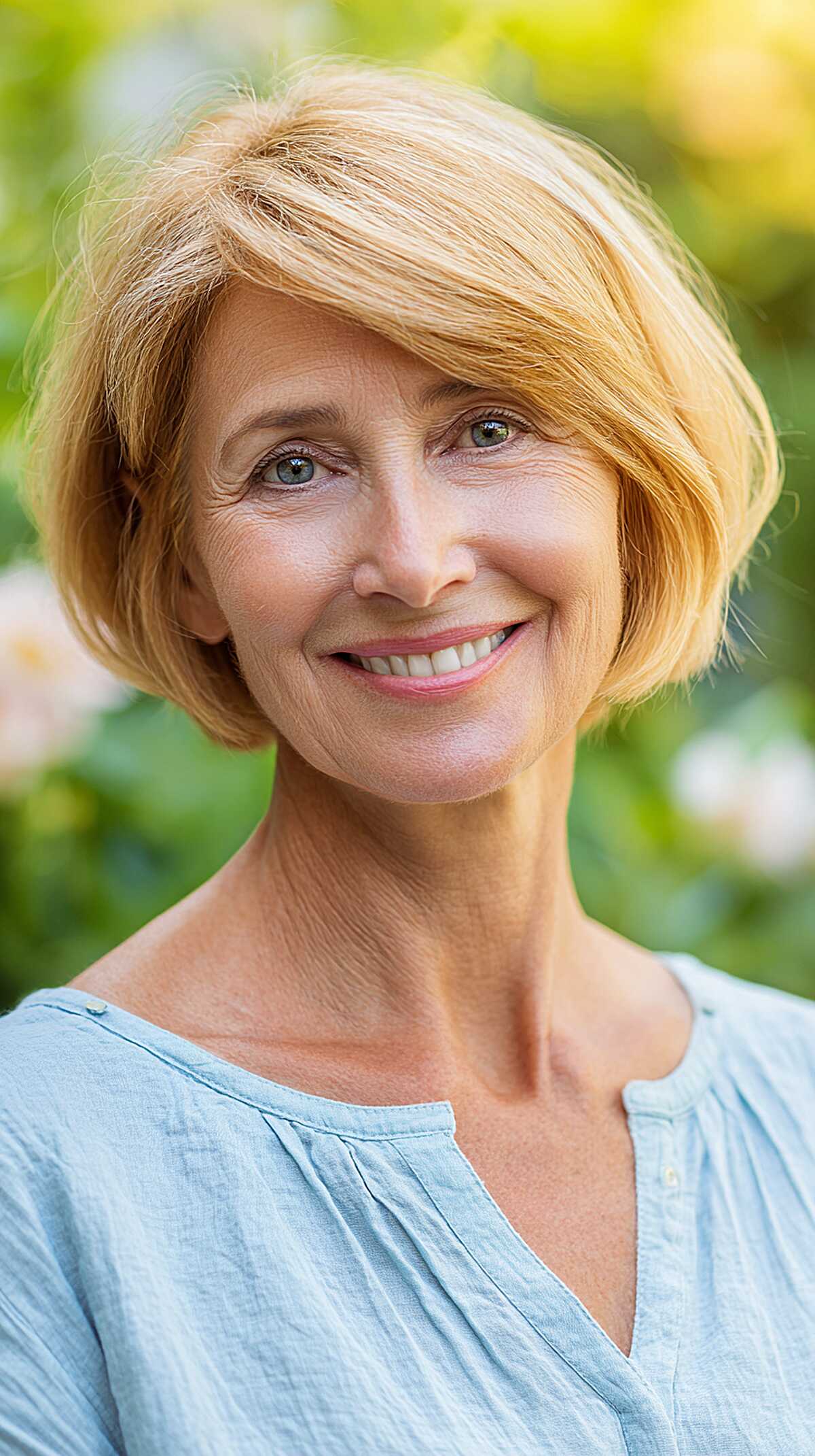 Warm Honey Blonde Chin-Length Bob with Side Sweep