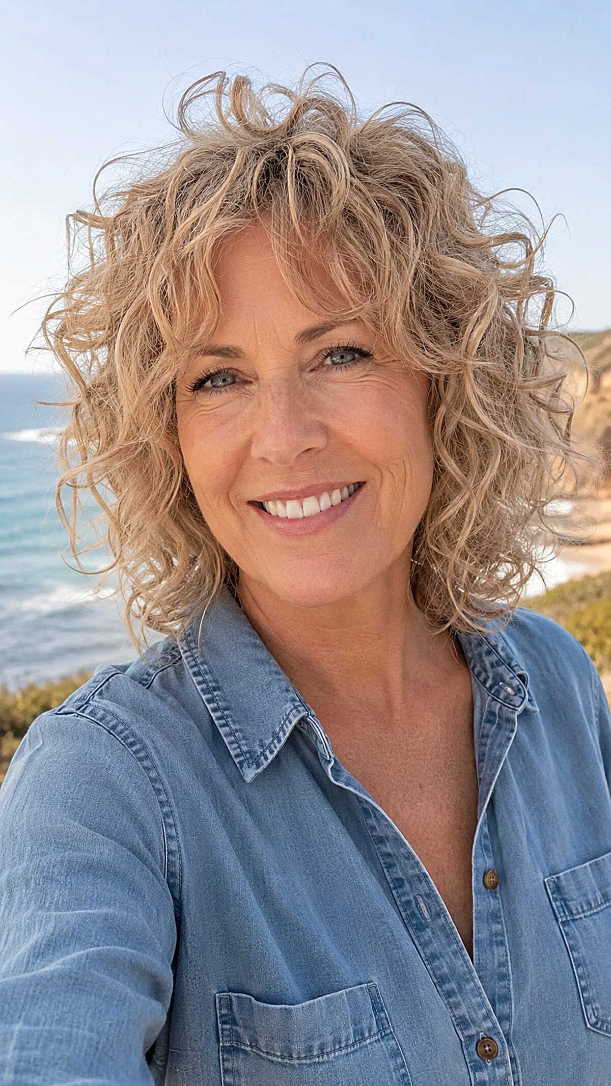 Windswept Sandy Blonde Curls with Feathered Bangs and Coastal Texture