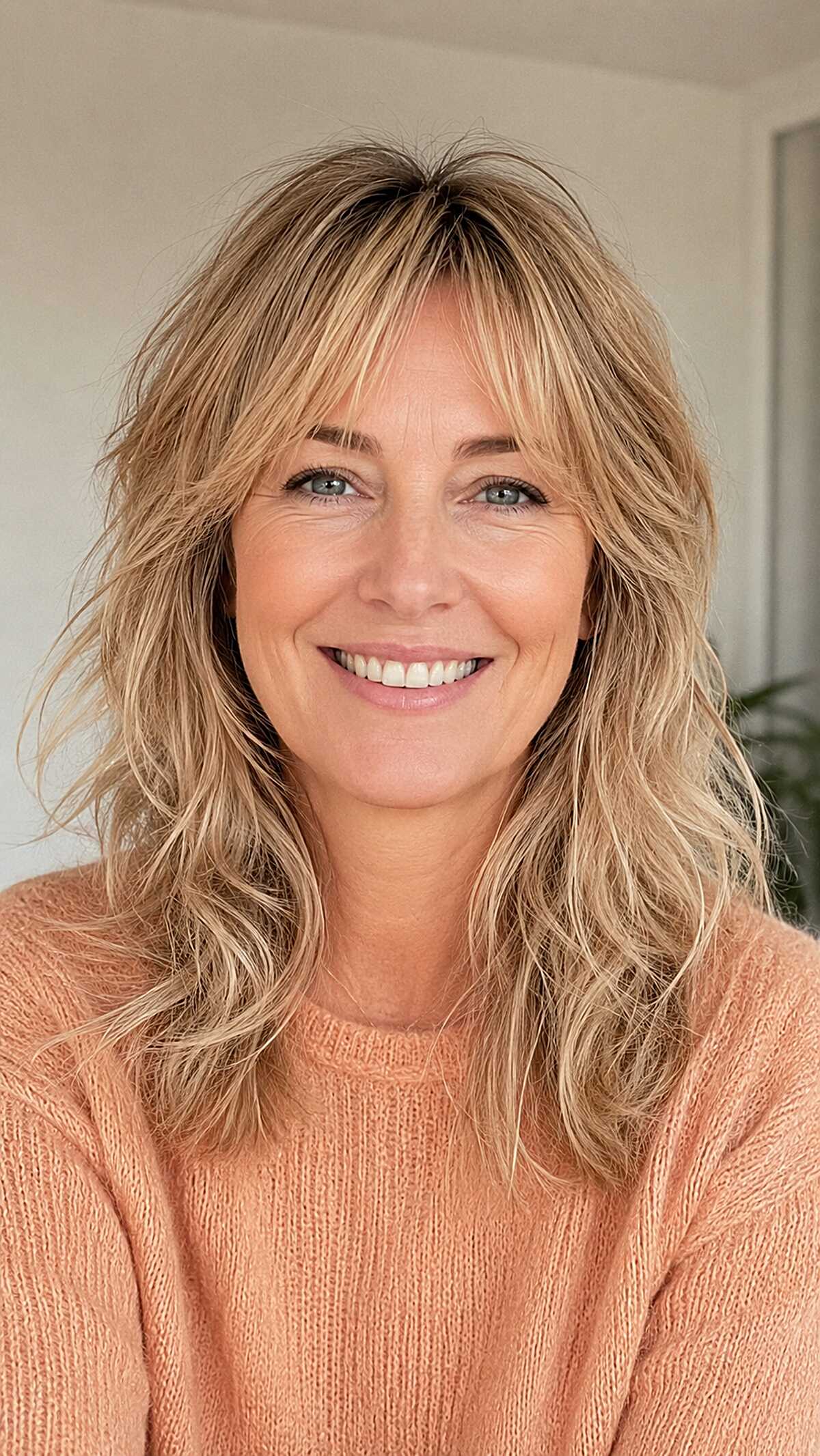 Beachy Blonde Wolf with Thin Wispy Fringe and Natural Wave