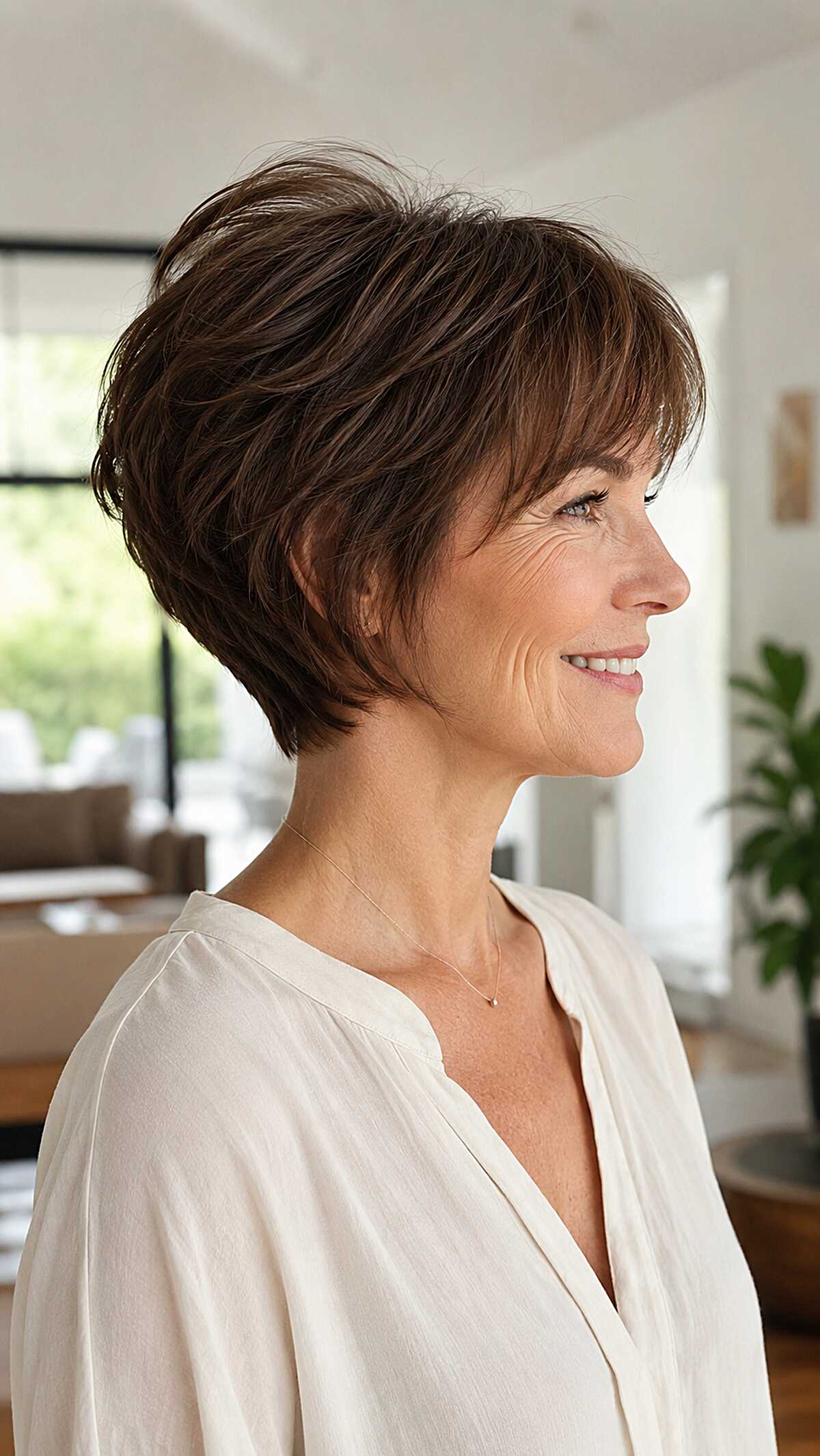 Brunette Razor-Cut Wedge with Soft Fringe Detail