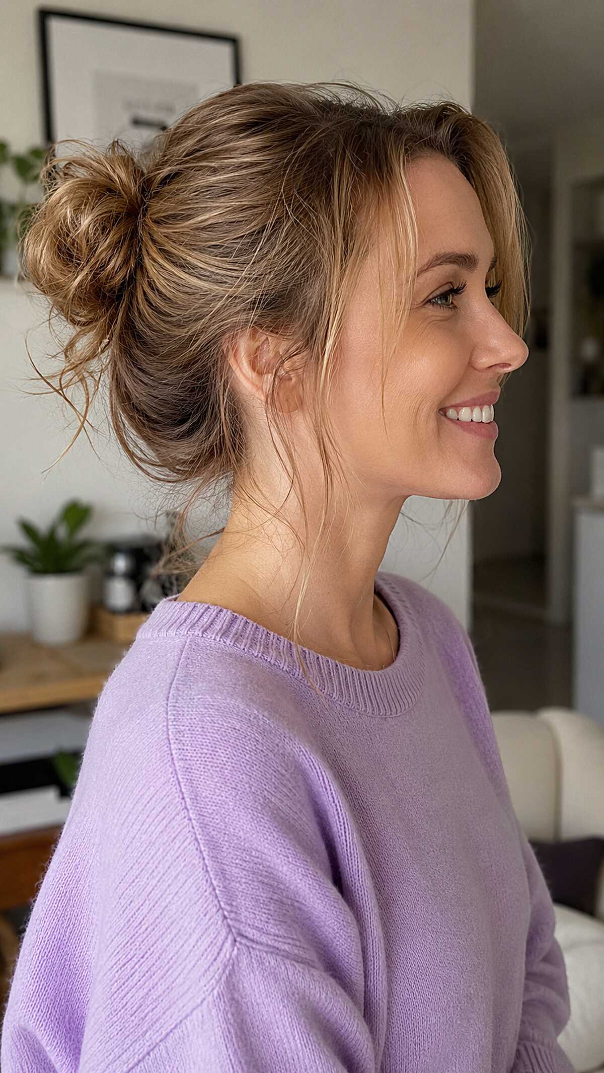 Carefree bronde messy bun with piece-y loose layers