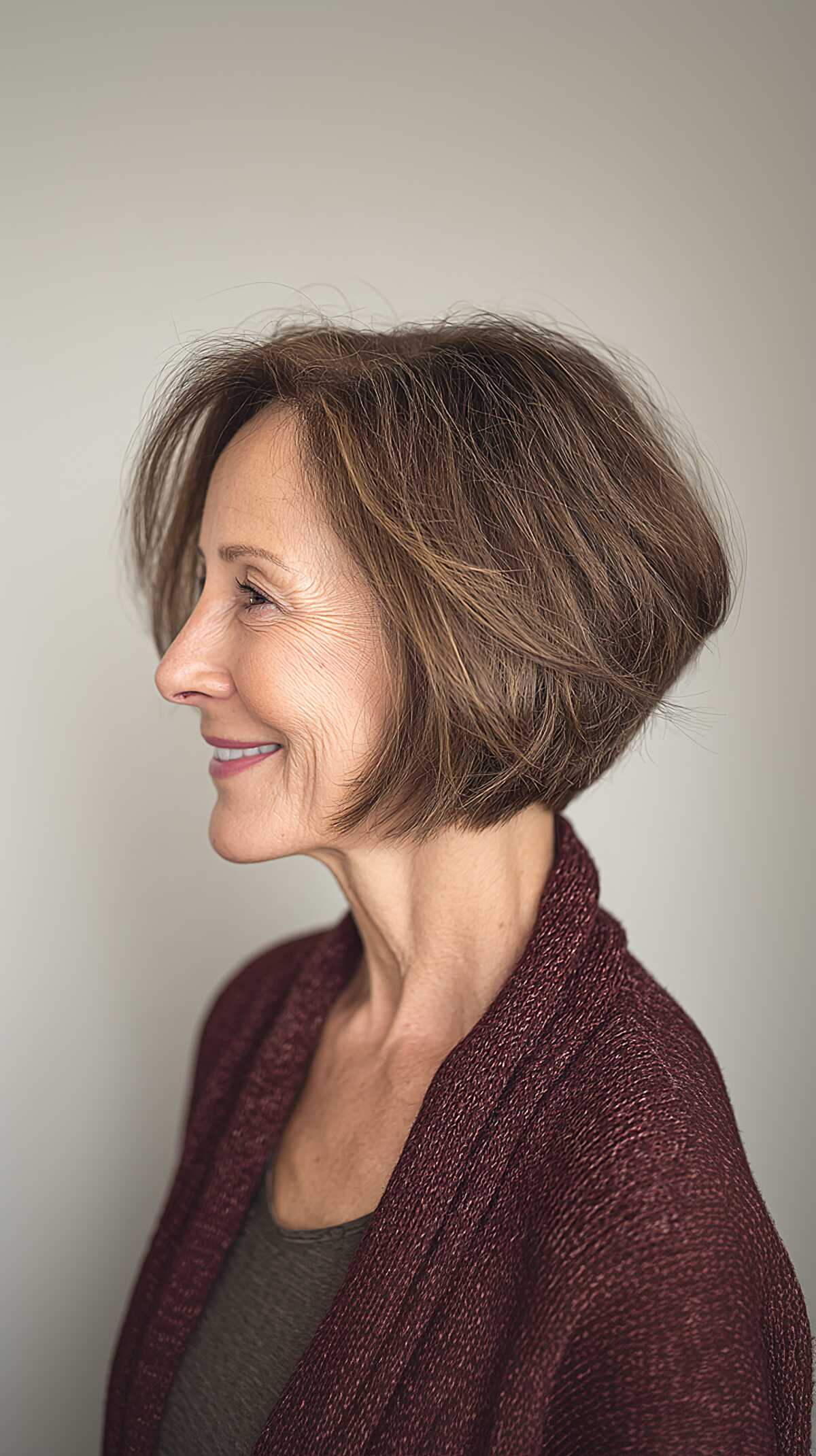 Chin-Length Ash Brunette Bob with Soft Crown Fullness and Wispy Ends