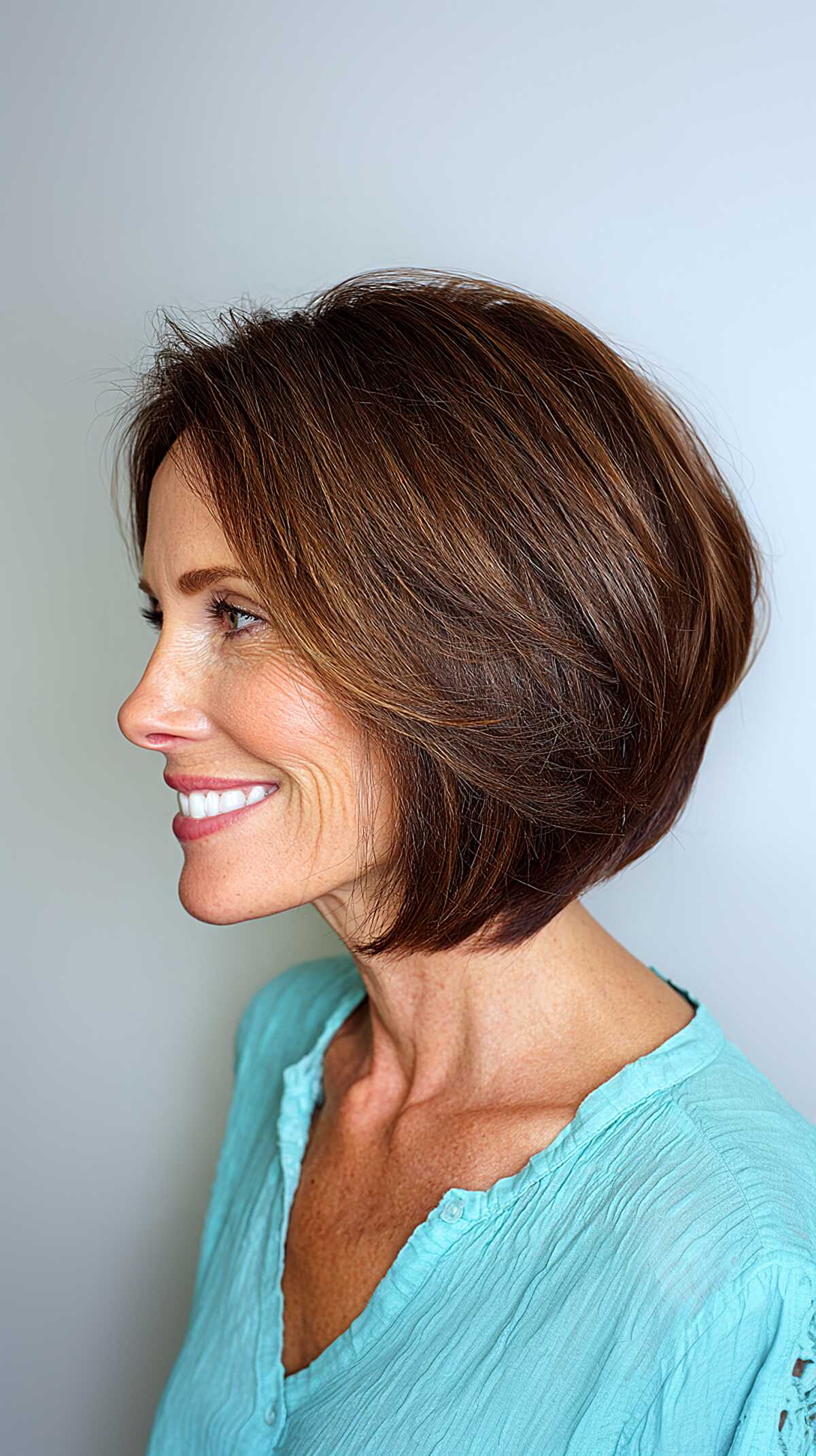 Chin-Length Stacked Bob in Rich Auburn Brown with Face-Framing Lightness