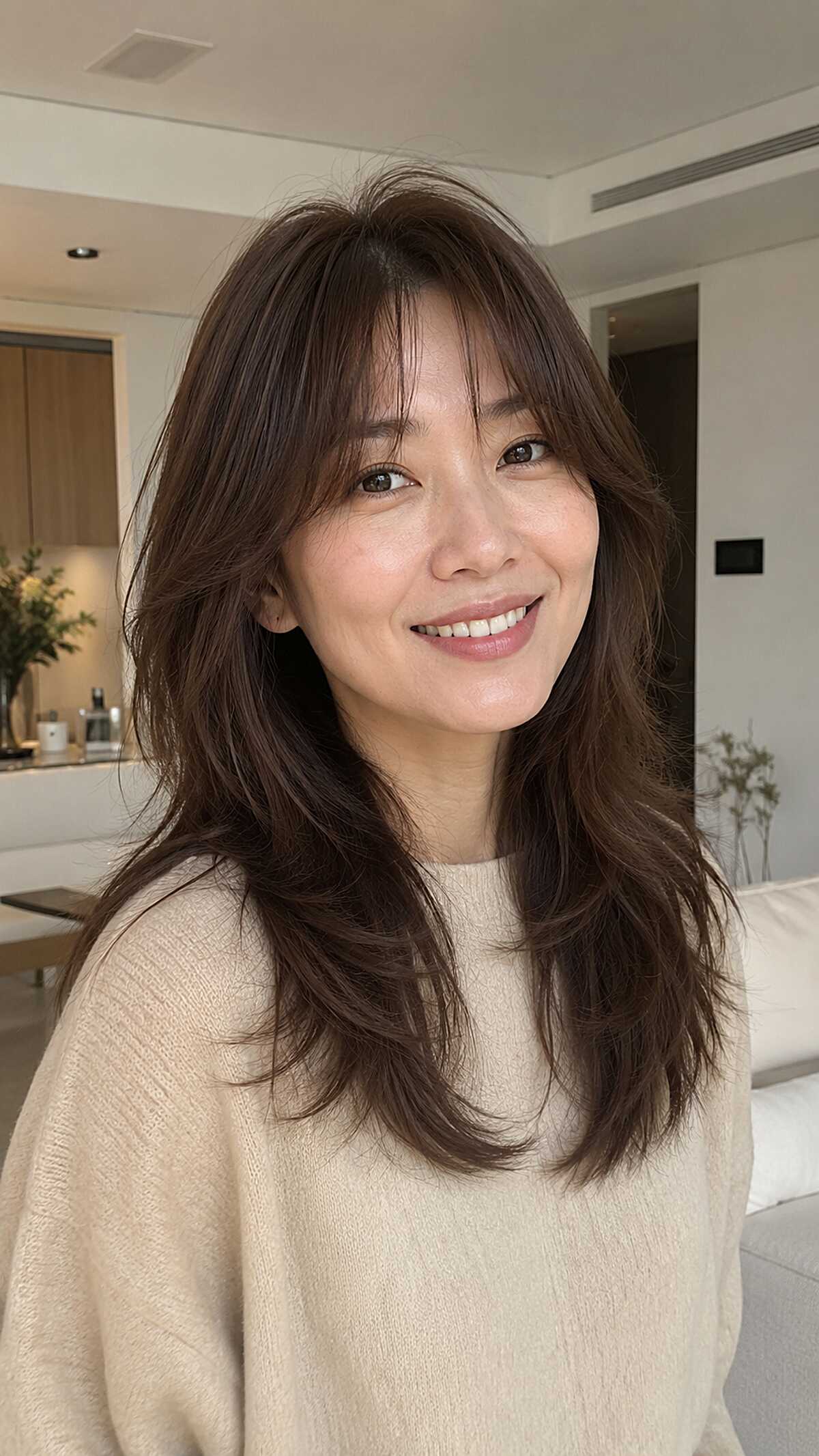 Collarbone-Length Dark Brown Wolf with Swept Side Fringe