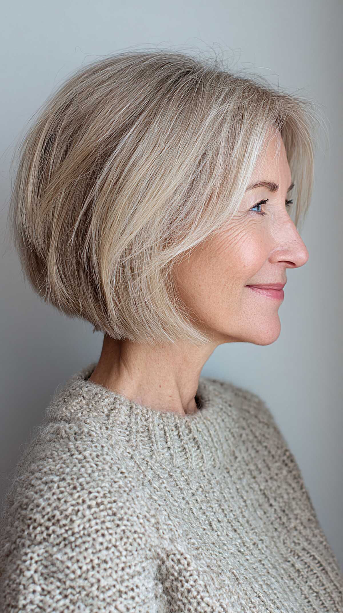 Cool Ash Blonde Graduated Bob with Soft Interior Texture and Natural Root Blend