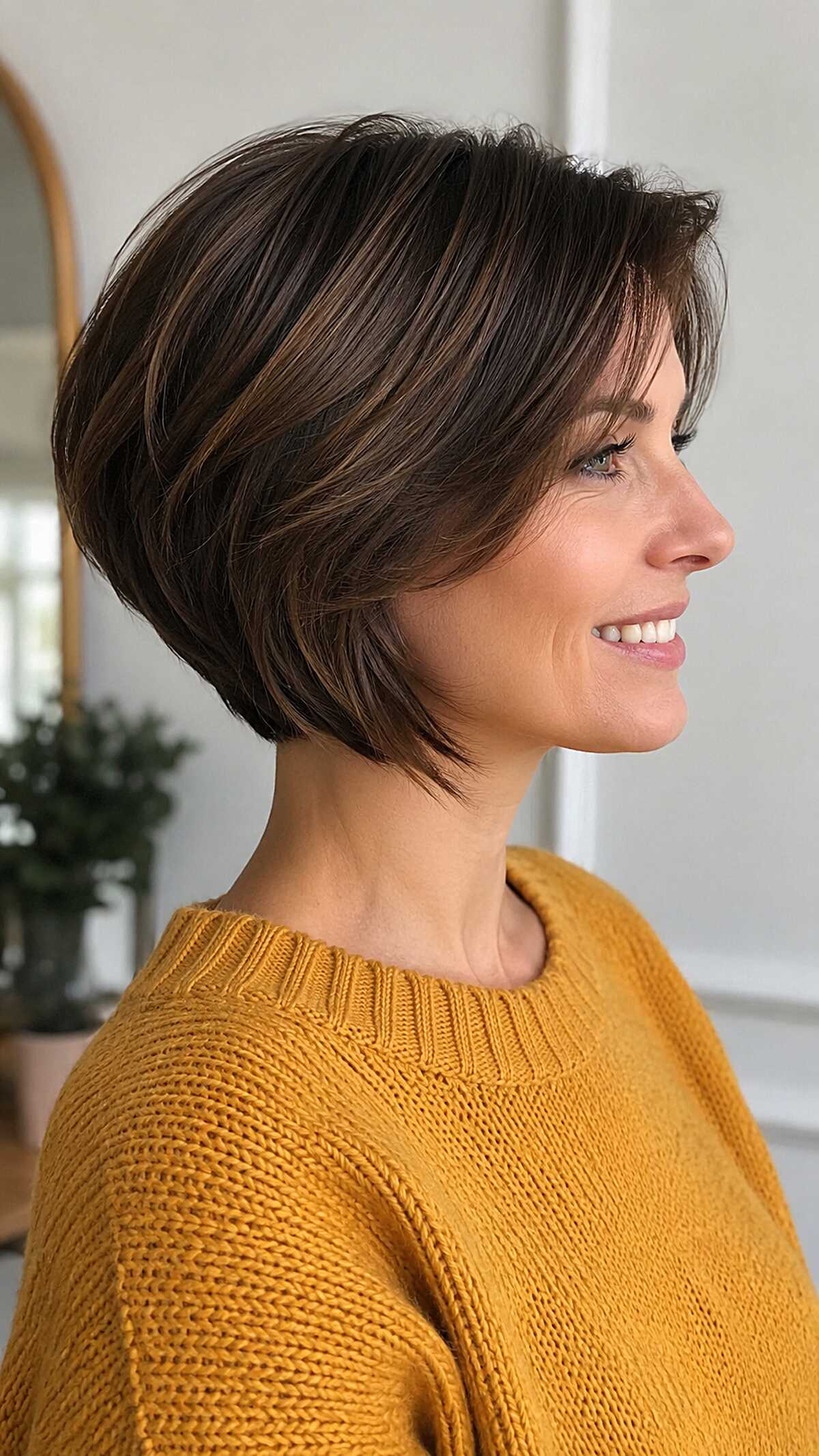 Cool Brunette Stacked Bob with Razor-Cut Side Fringe and Internal Layering