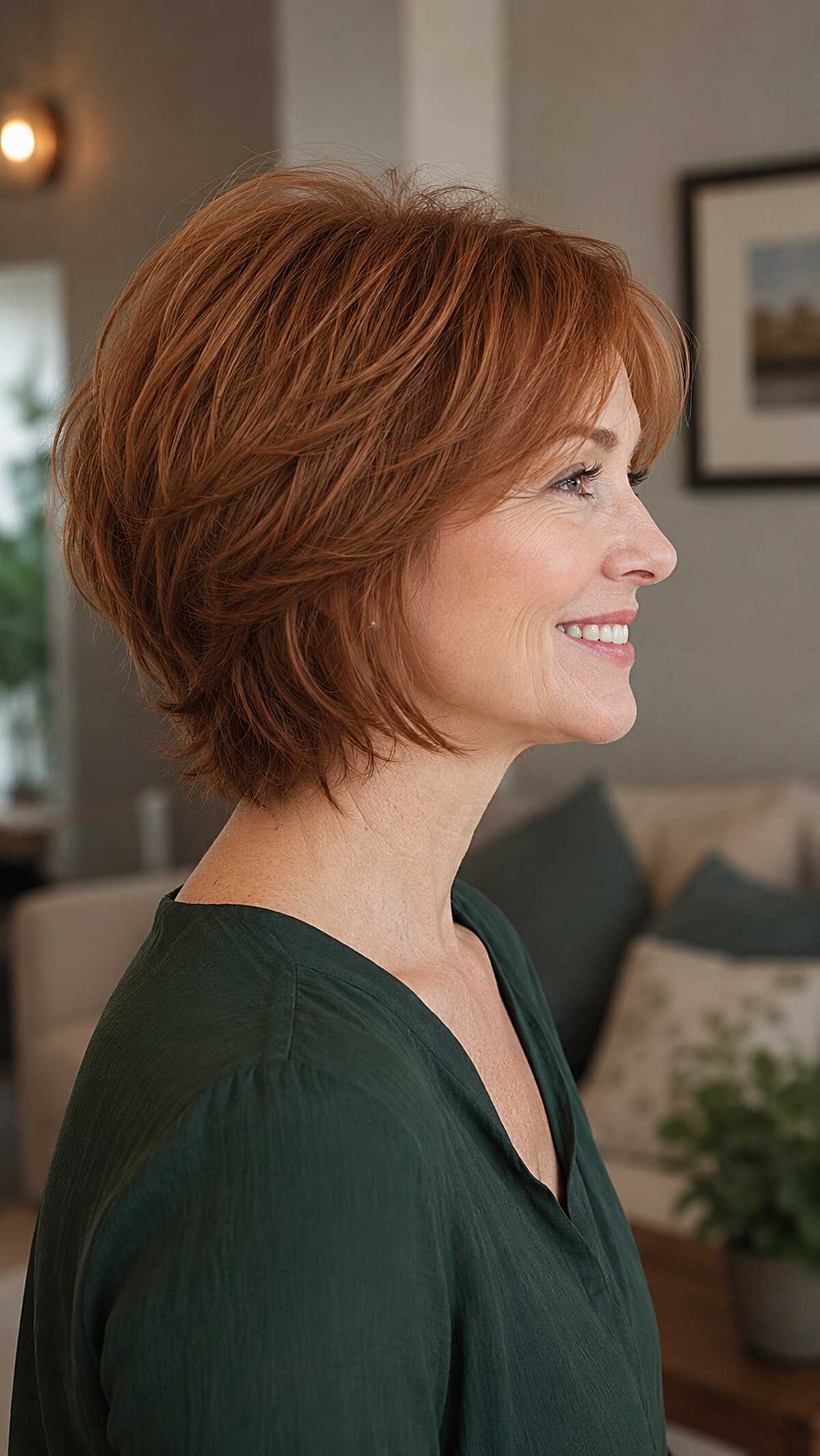Copper Red Chin-Length Stack with Razored Crown Layers and Flicked Ends