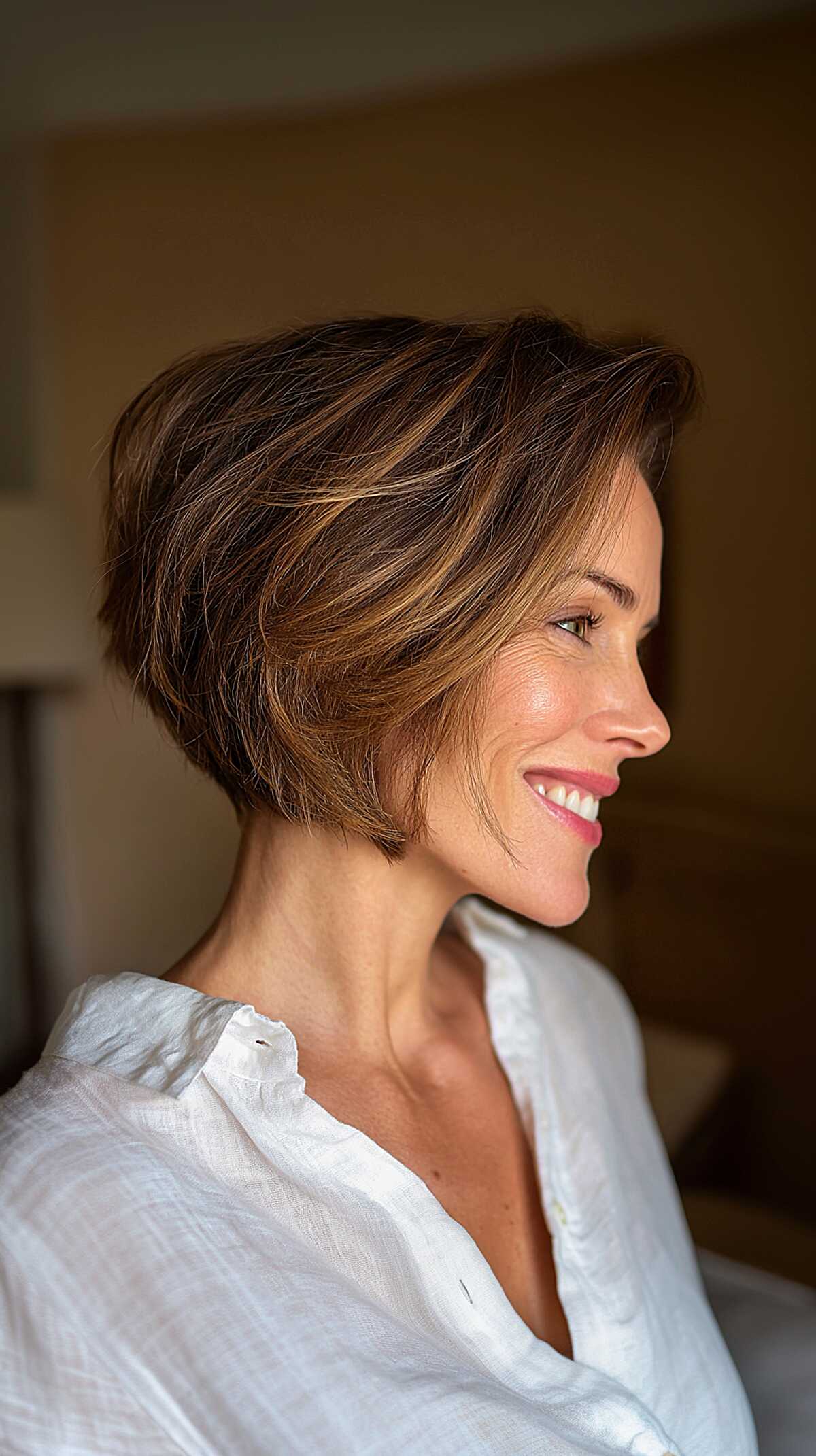 Cropped Stacked Bob with Toffee Highlights and Windswept Crown Lift