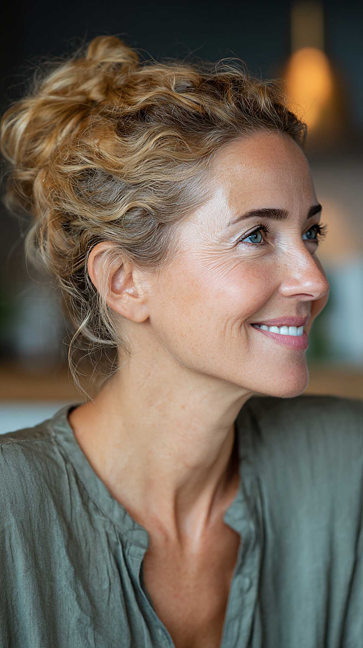 Curly blonde high messy bun with defined texture