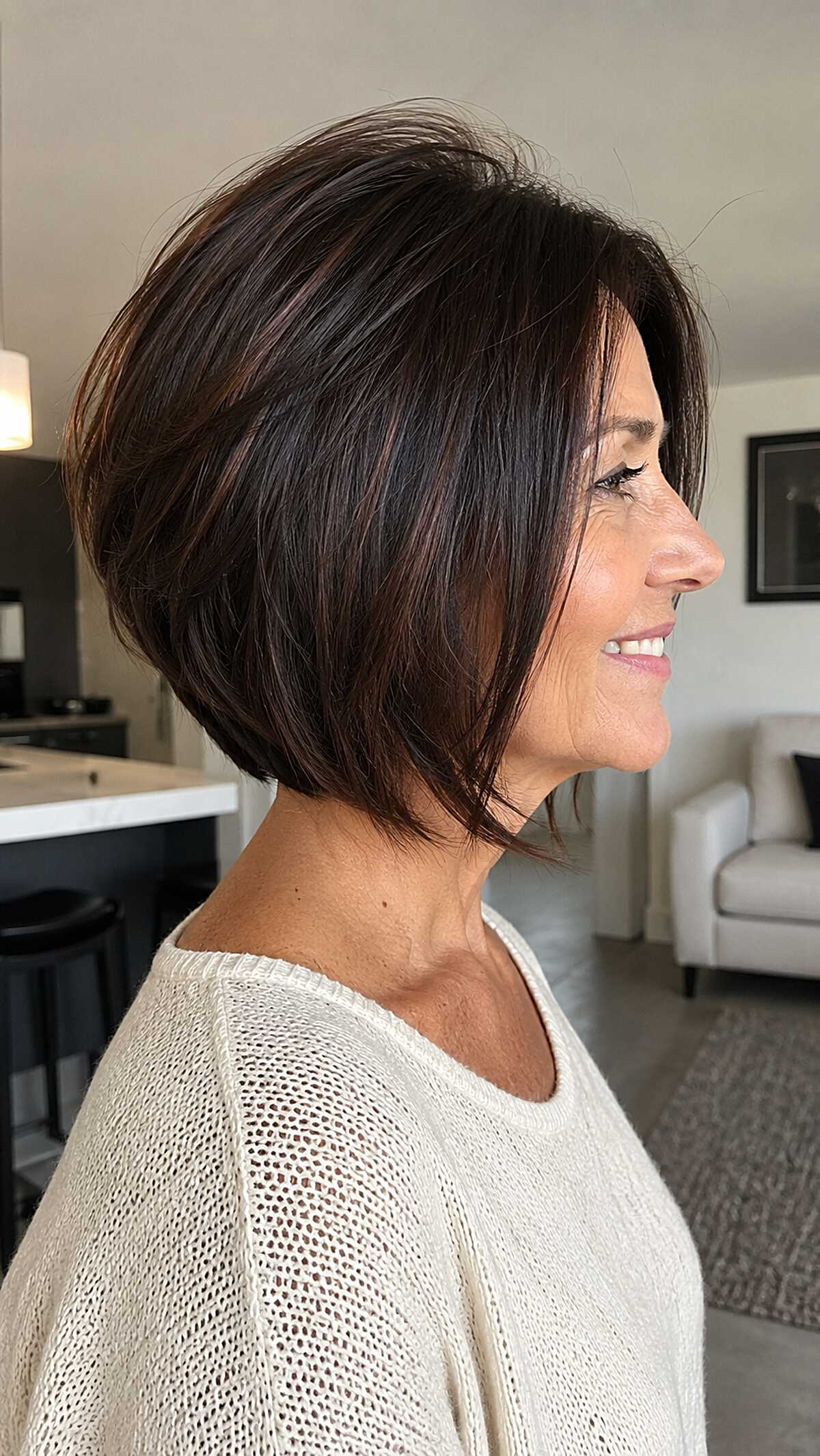 Dark Brunette Angled Bob with Warm Chestnut Lowlights and Built-In Back Volume