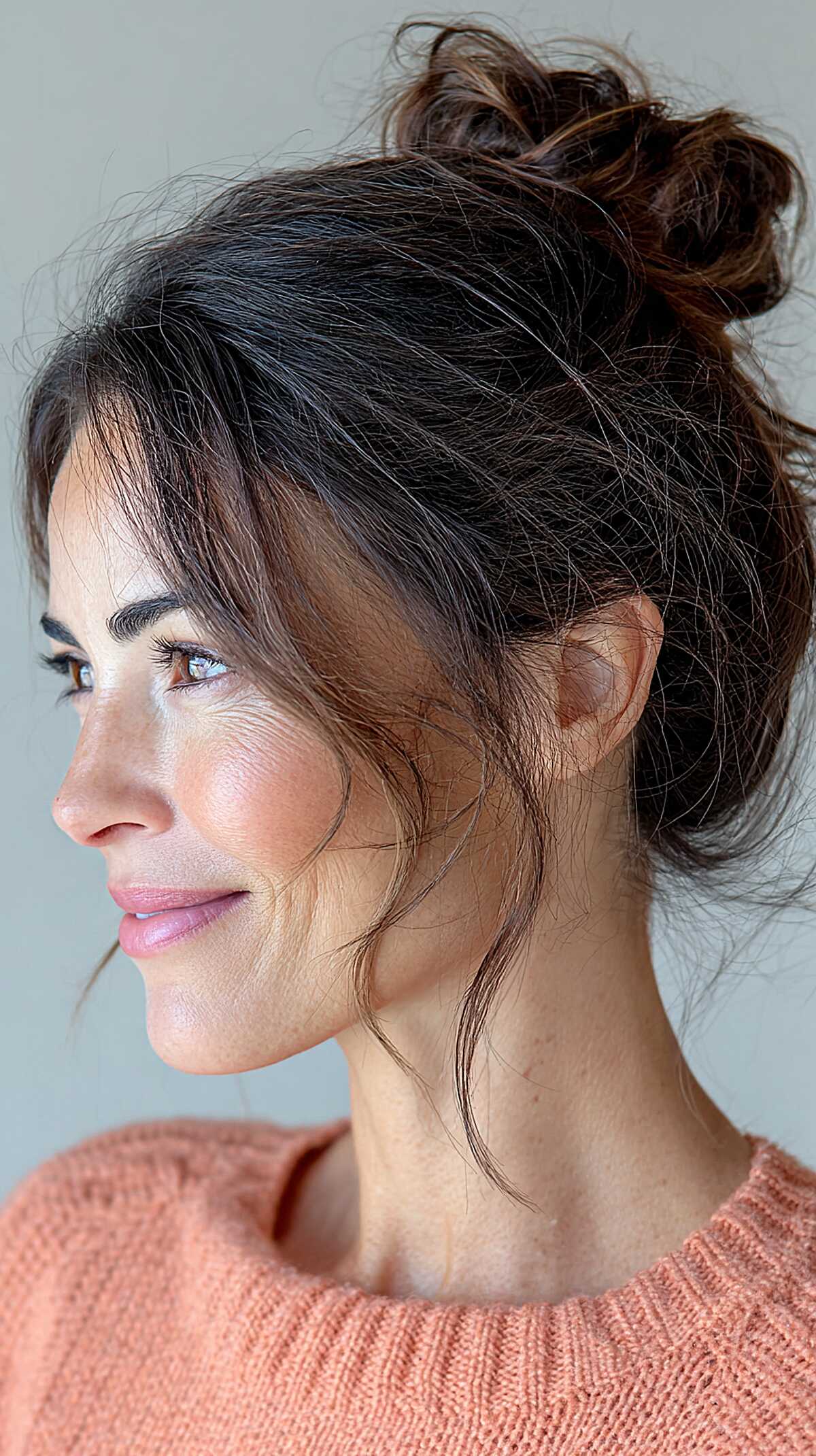 Dark brunette high messy bun with curtain wisps