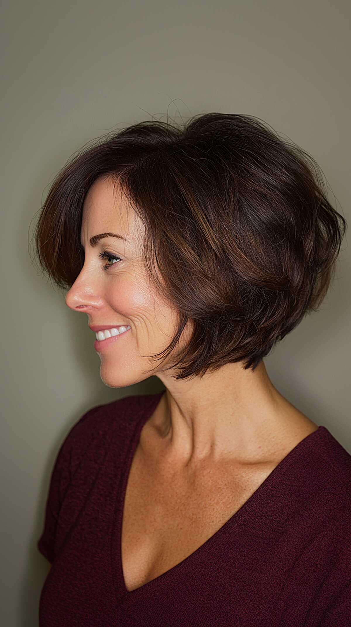 Dark Chocolate Chin-Length Bob with Soft Back Stacking and Loose Crown Texture