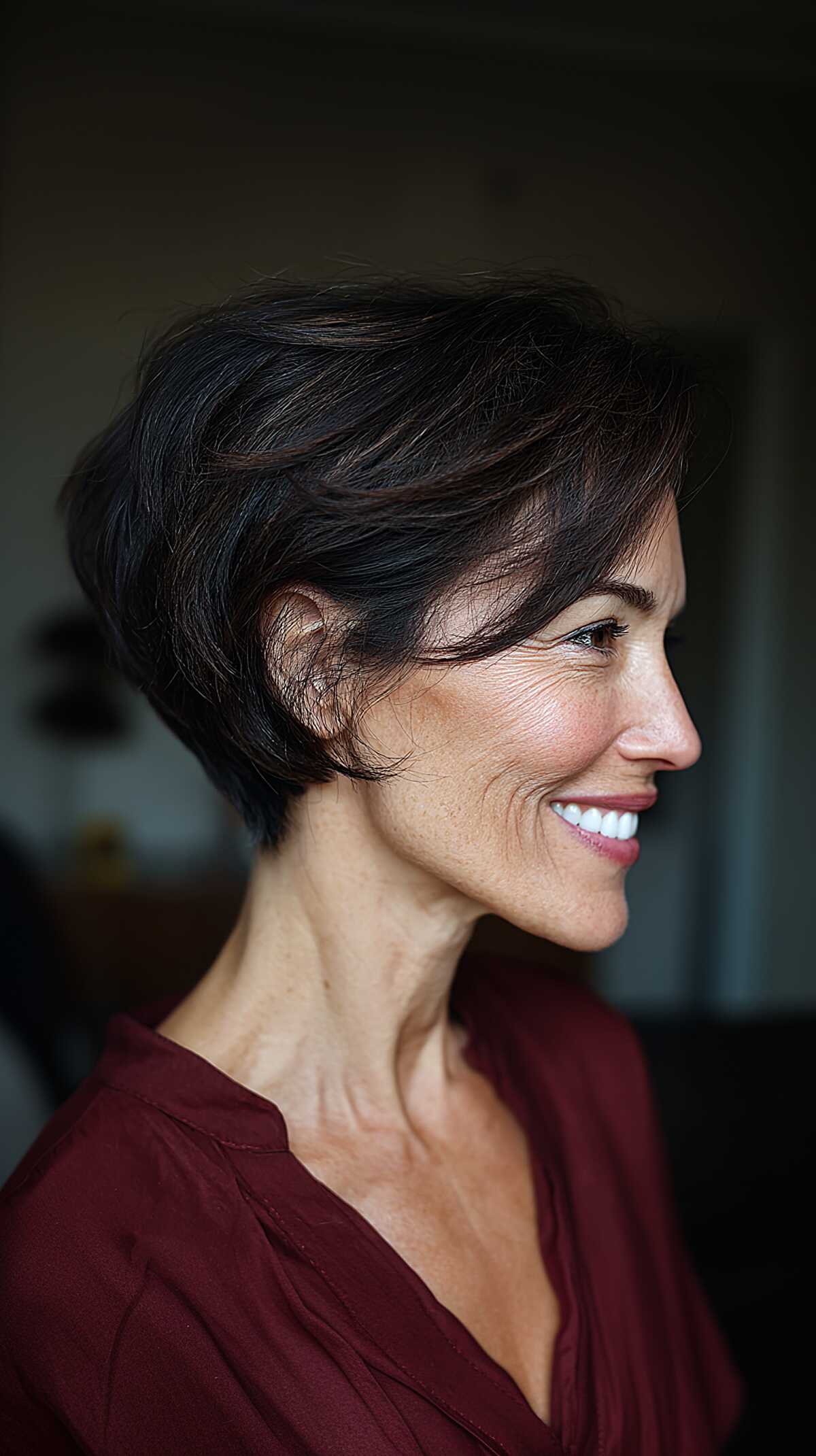 Dark Feathered Wedge with Side-Swept Fringe