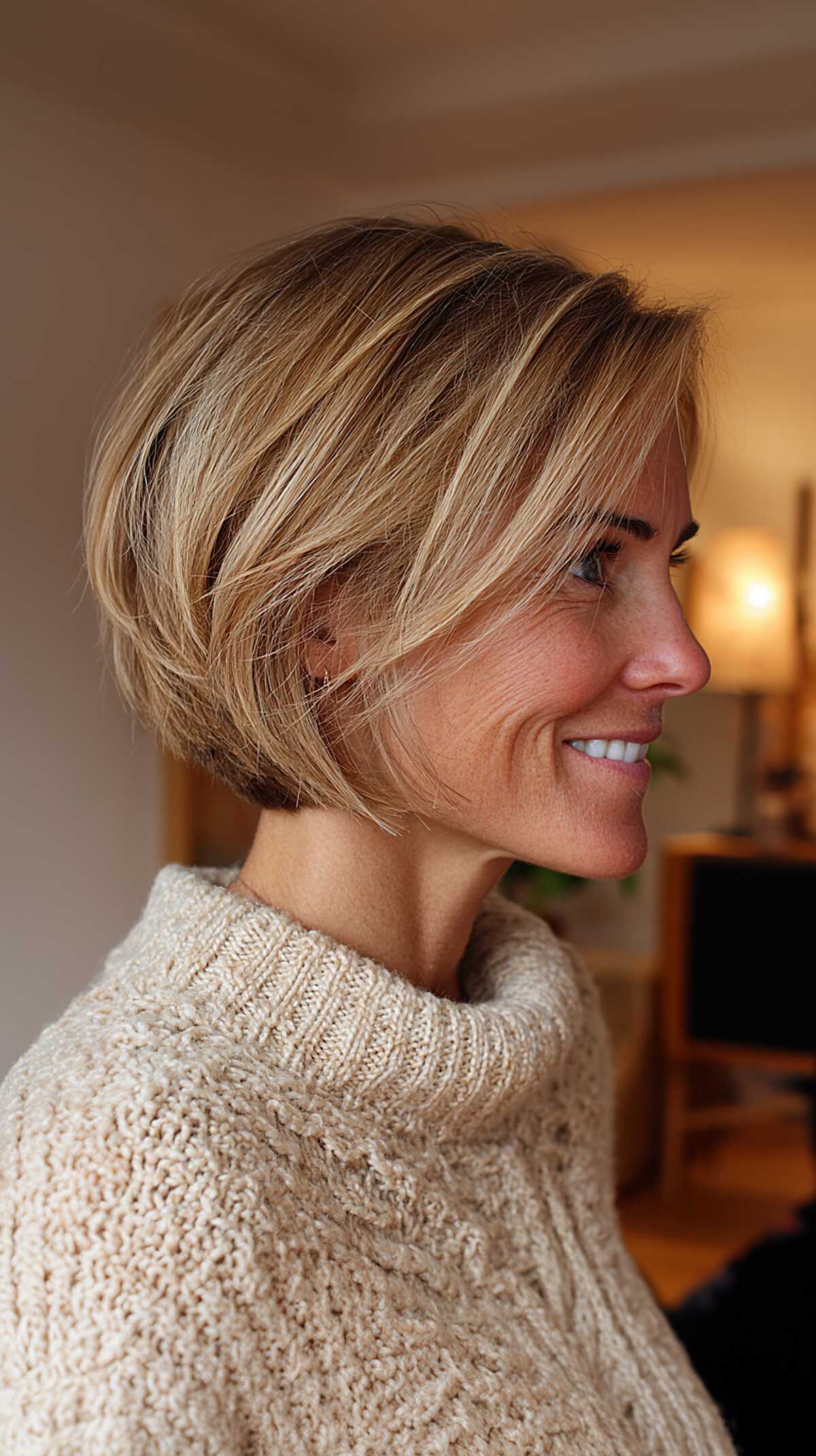 Ear-Length Dirty Blonde Stack with Natural Root Shadow