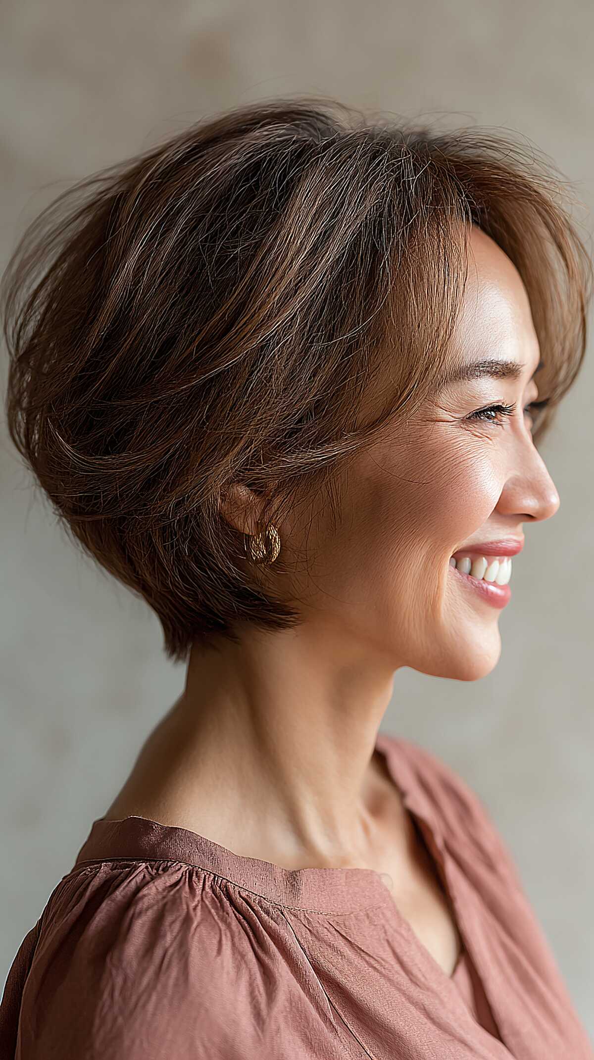 Ear-Length Warm Brunette Stack with Airy Layered Crown and Natural Movement