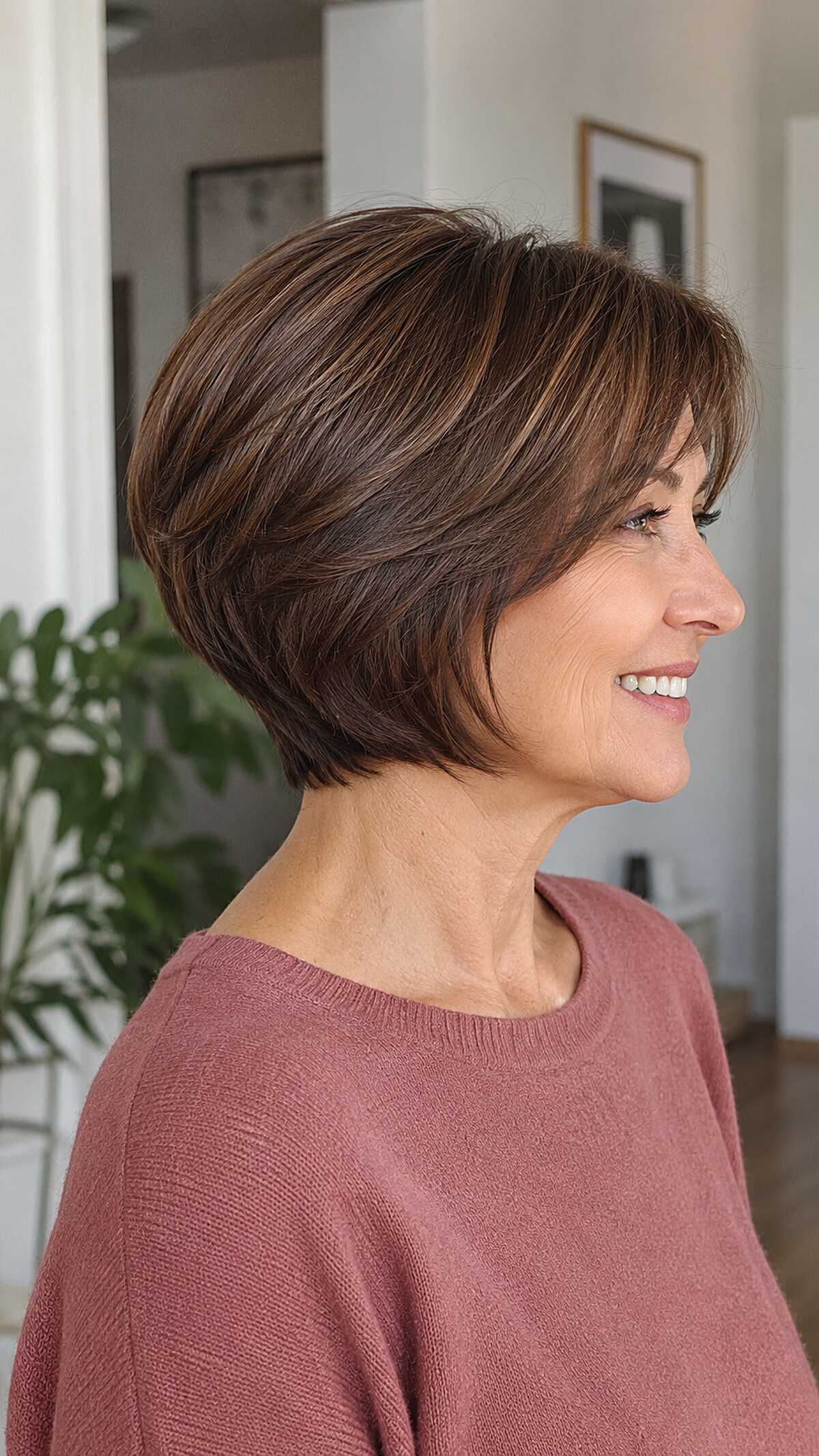 Feathered Brunette Stacked Bob with Warm Copper Accents