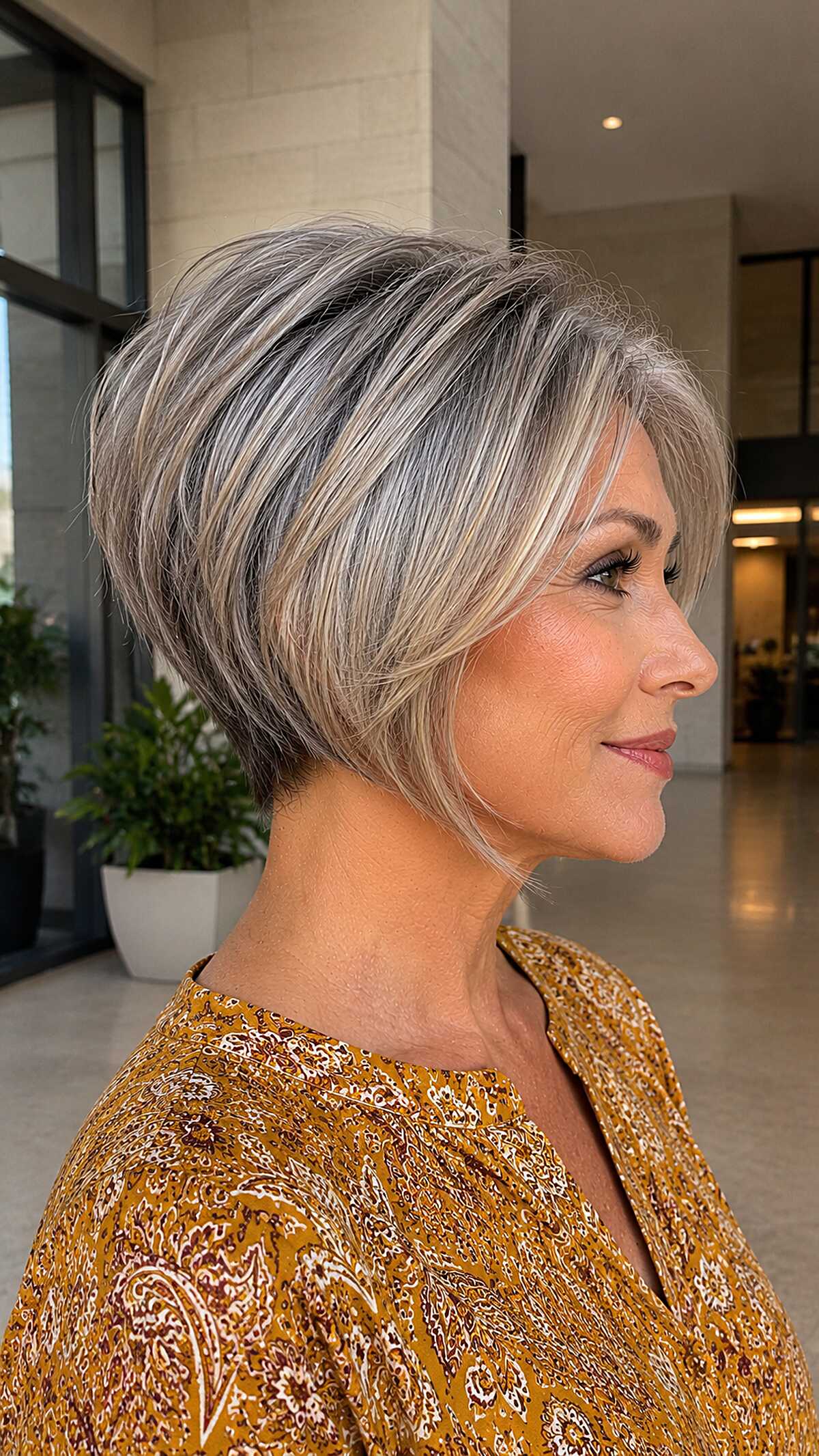 Stacked graduated pixie bob in dimensional ash blonde