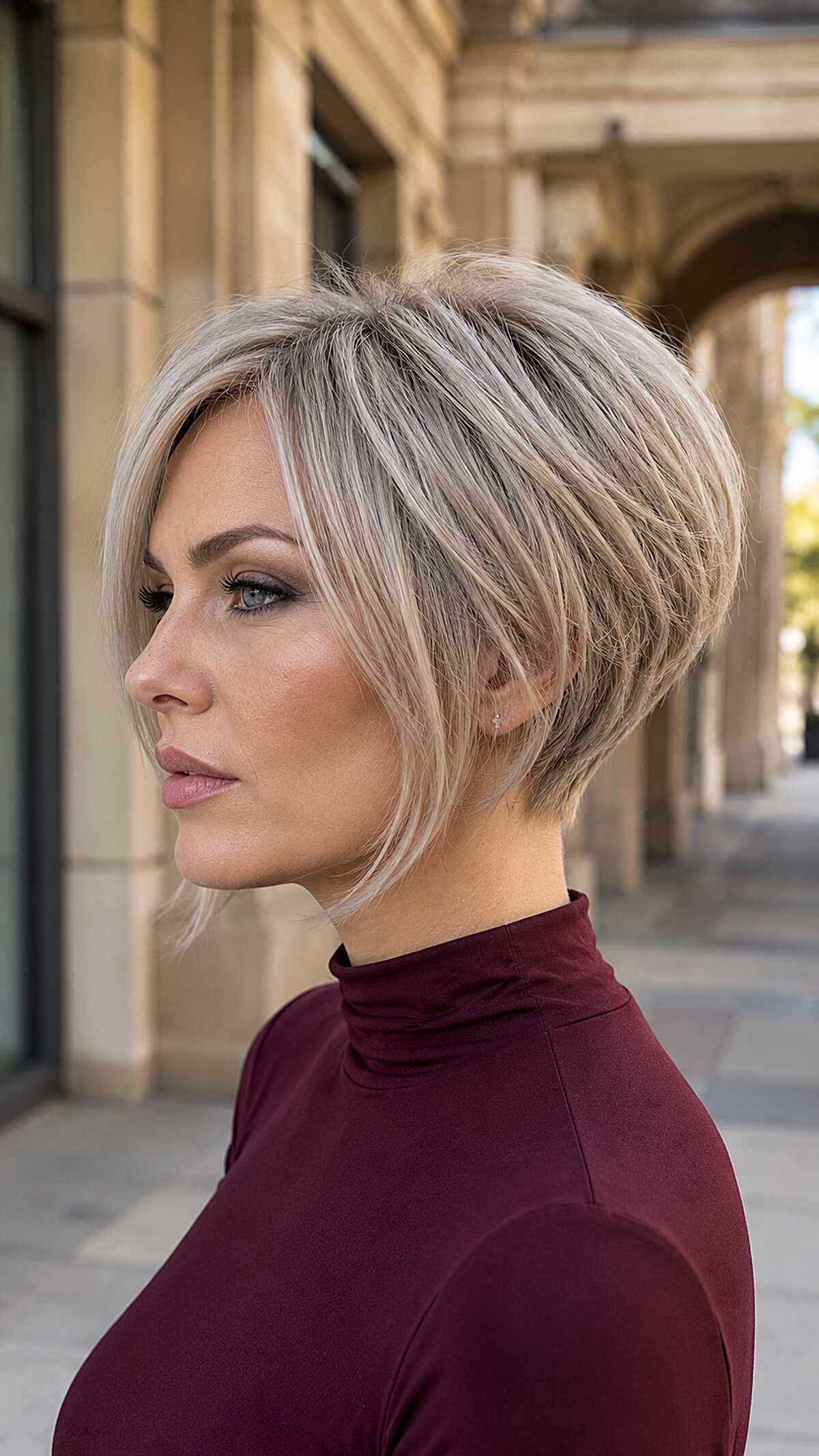 Ash blonde layered graduated pixie bob with textured fringe