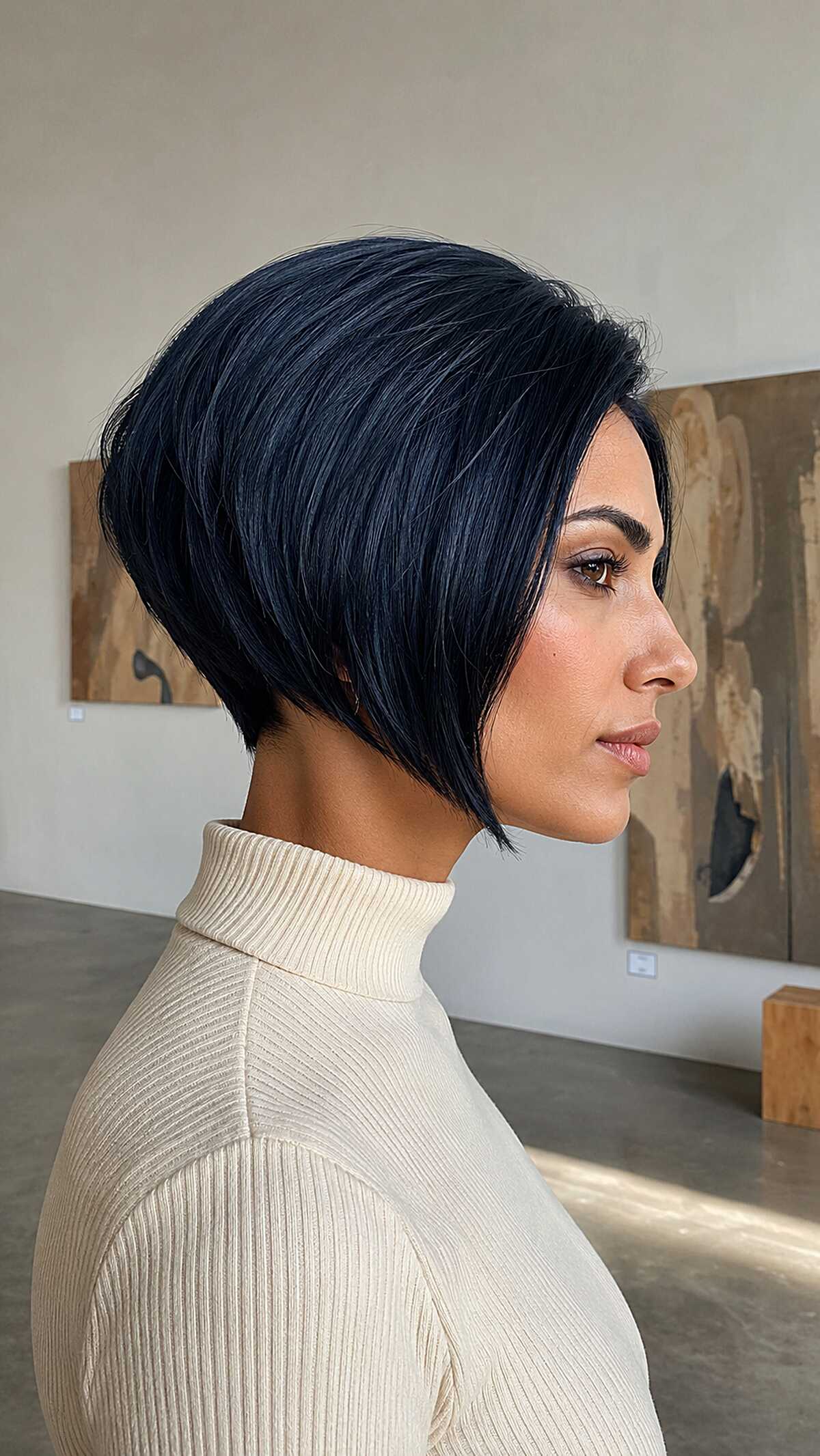 High-gloss blue-black graduated pixie bob with clean lines