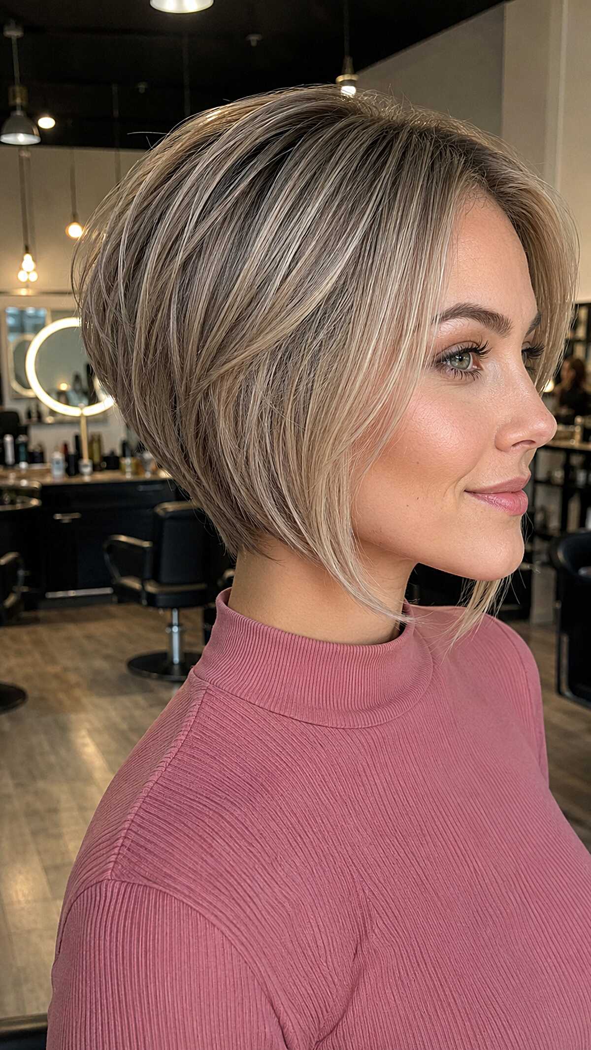 Bronde graduated pixie bob with soft face-framing layers