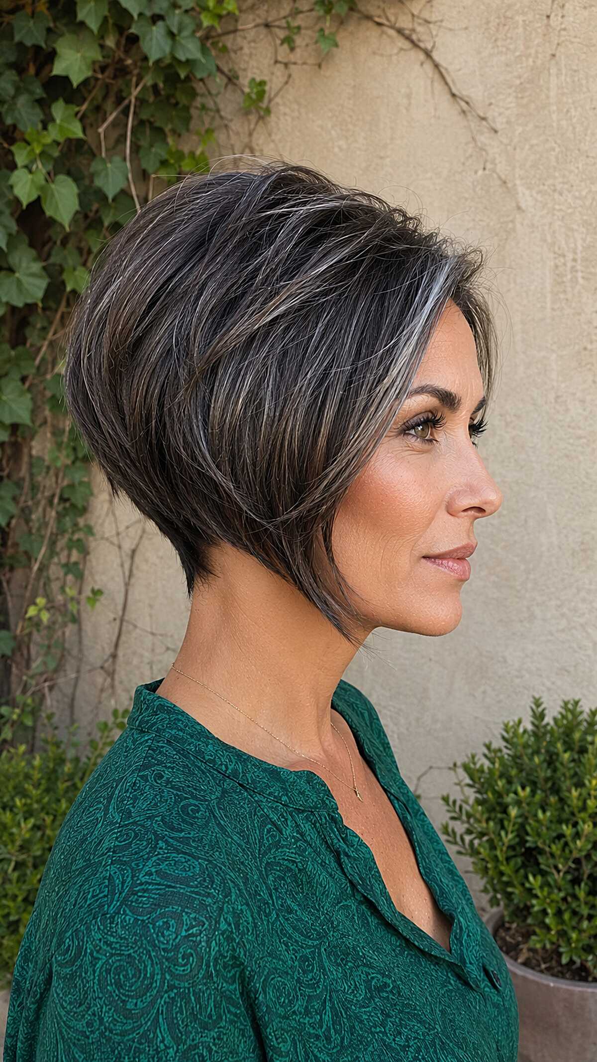 Angled graduated pixie bob in brunette with silver threads