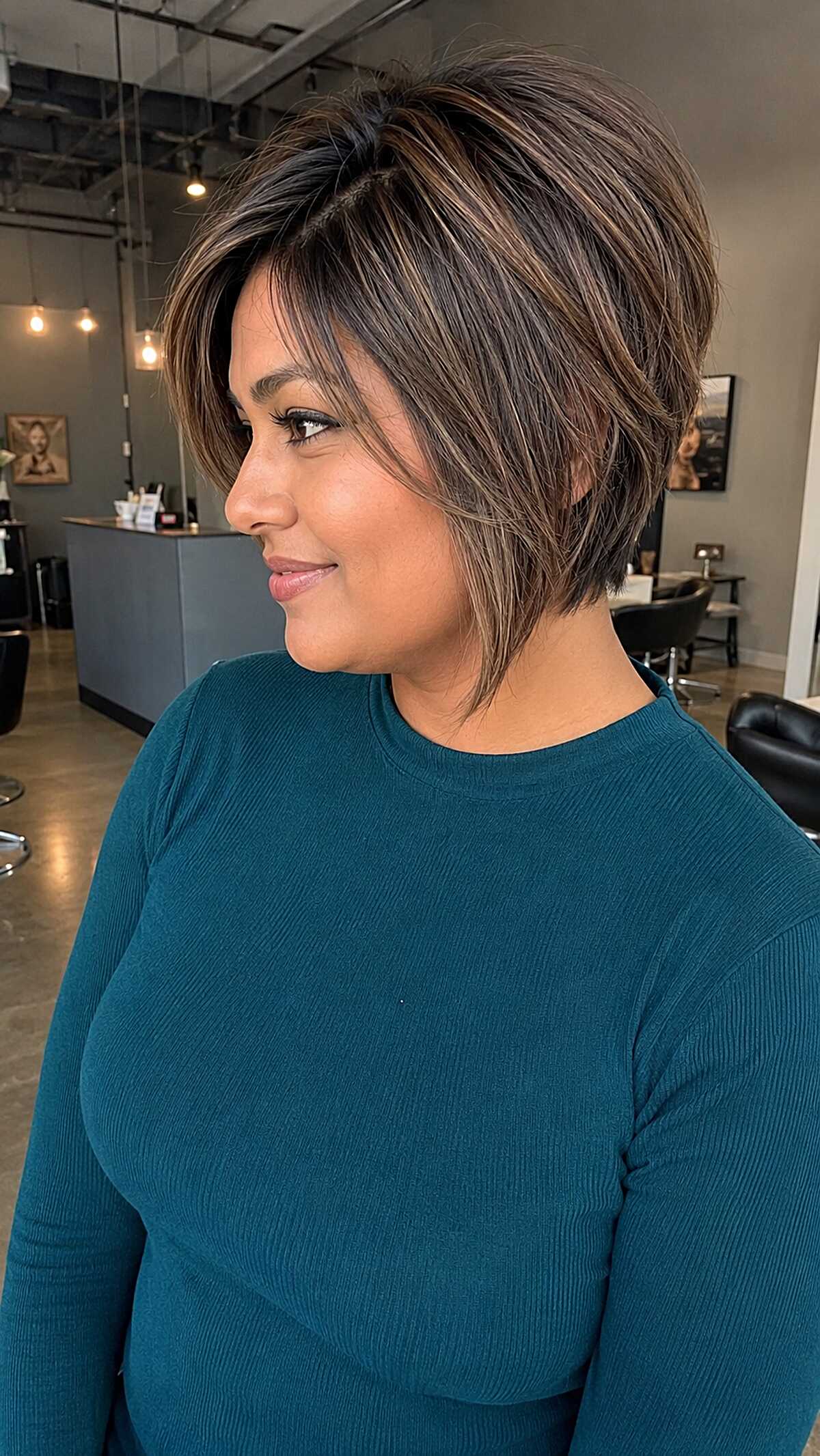 Textured graduated pixie bob with caramel highlights