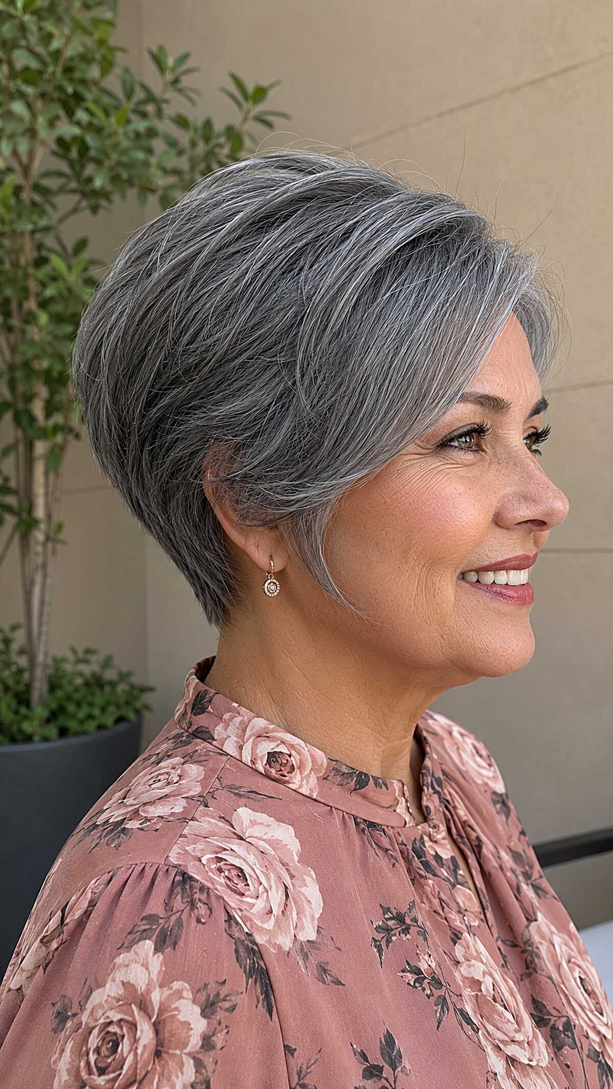 Smooth charcoal gray graduated pixie bob with side part