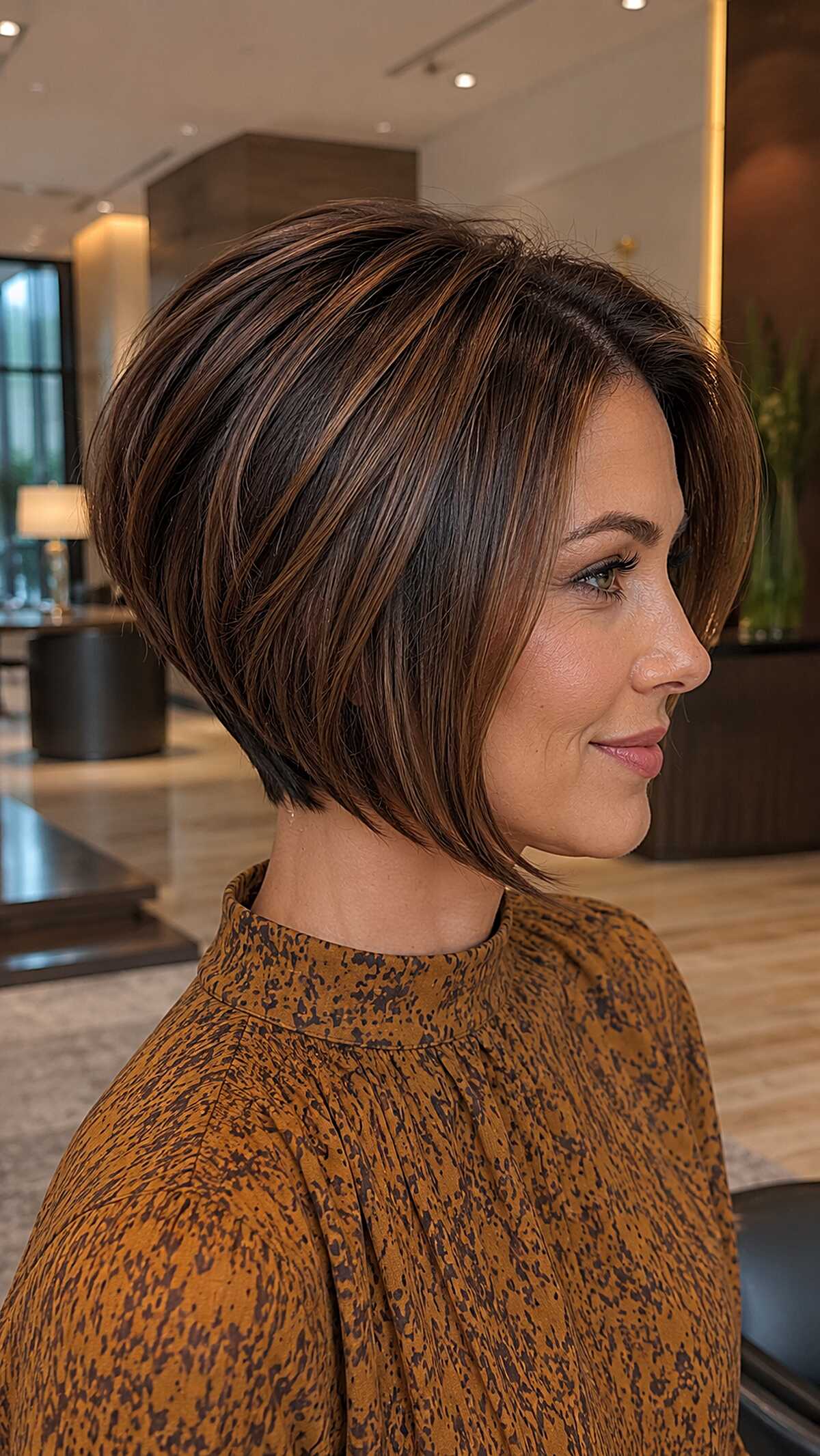 Structured graduated bob in chocolate espresso with caramel