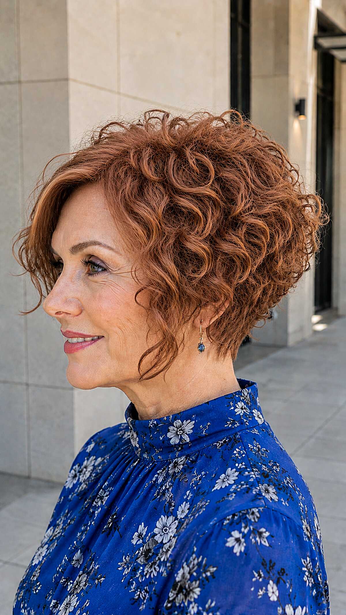Graduated pixie bob with copper curly texture and stacked back