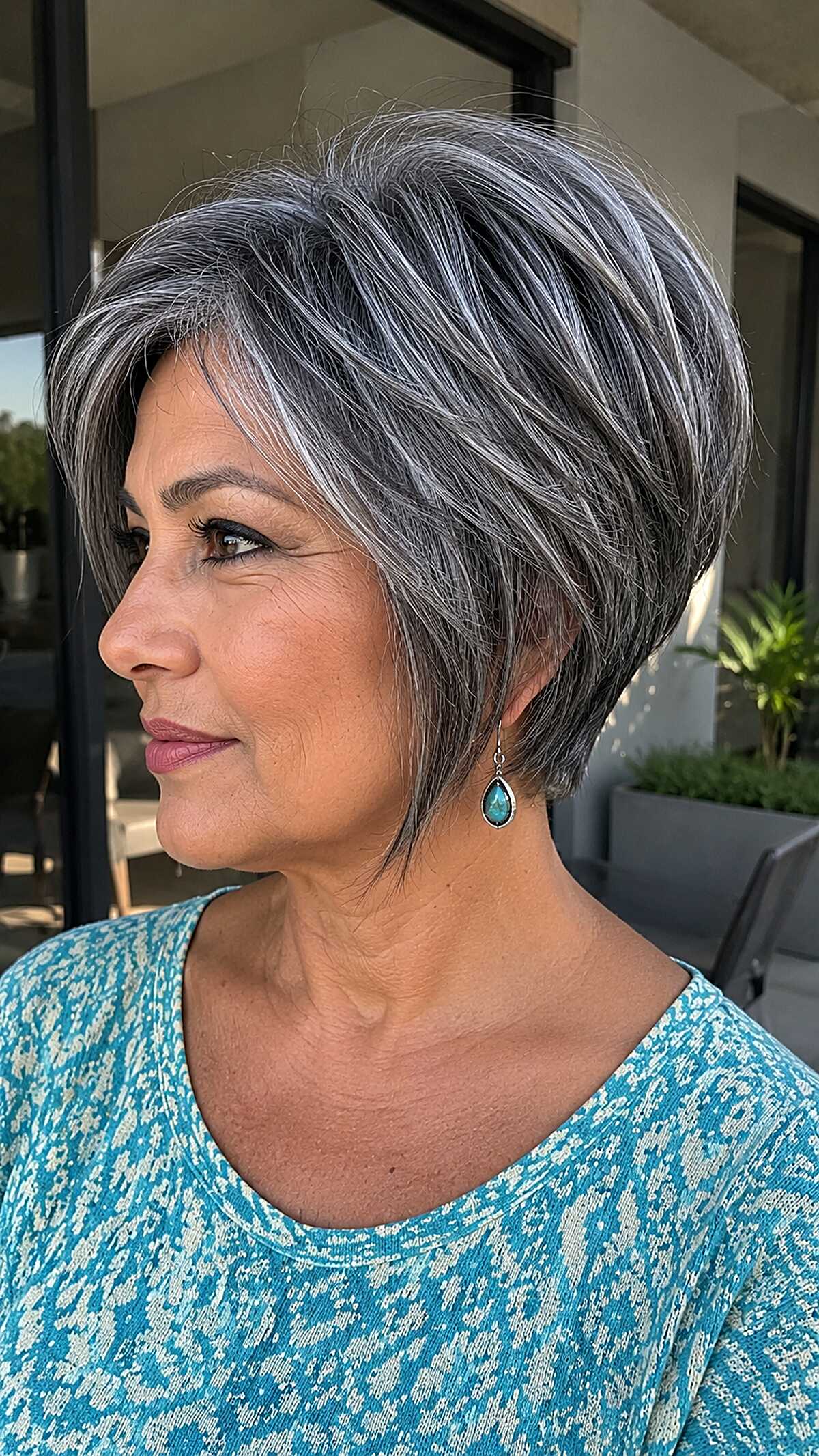 Dark salt and pepper angled graduated pixie bob