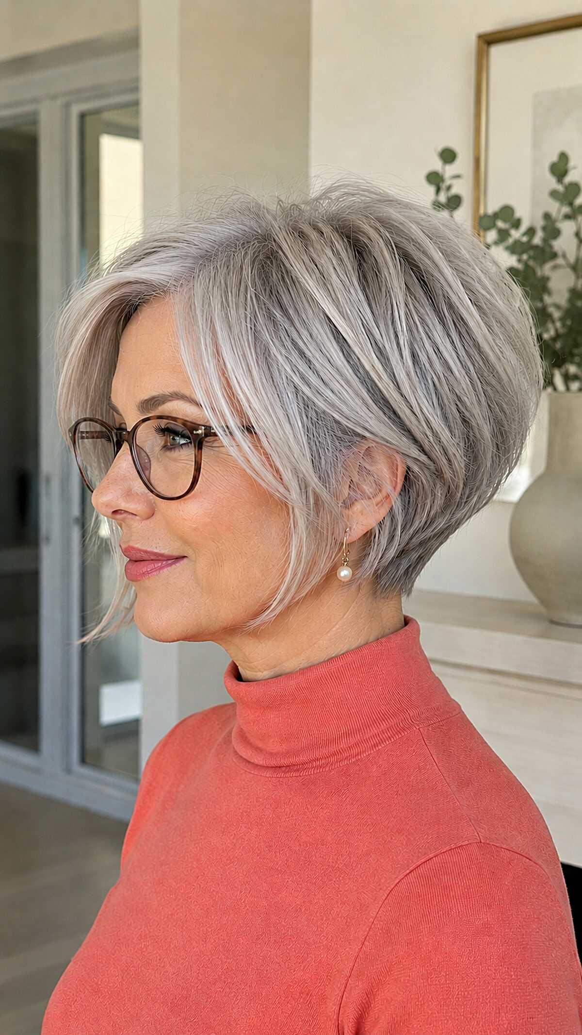 Dove gray textured graduated pixie bob styled with glasses