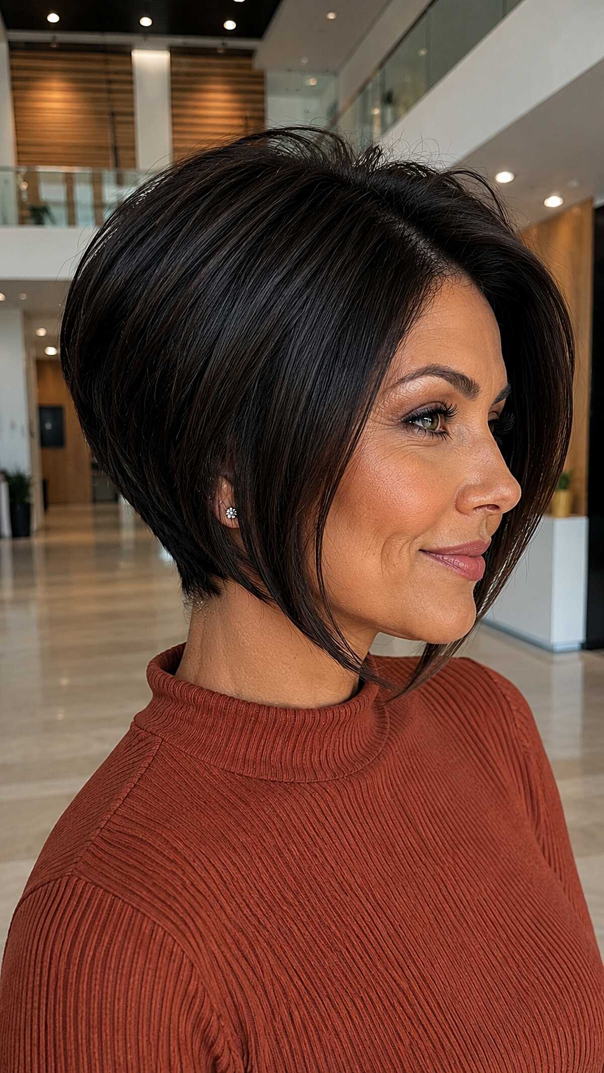 Sculpted graduated pixie bob in deep espresso brown