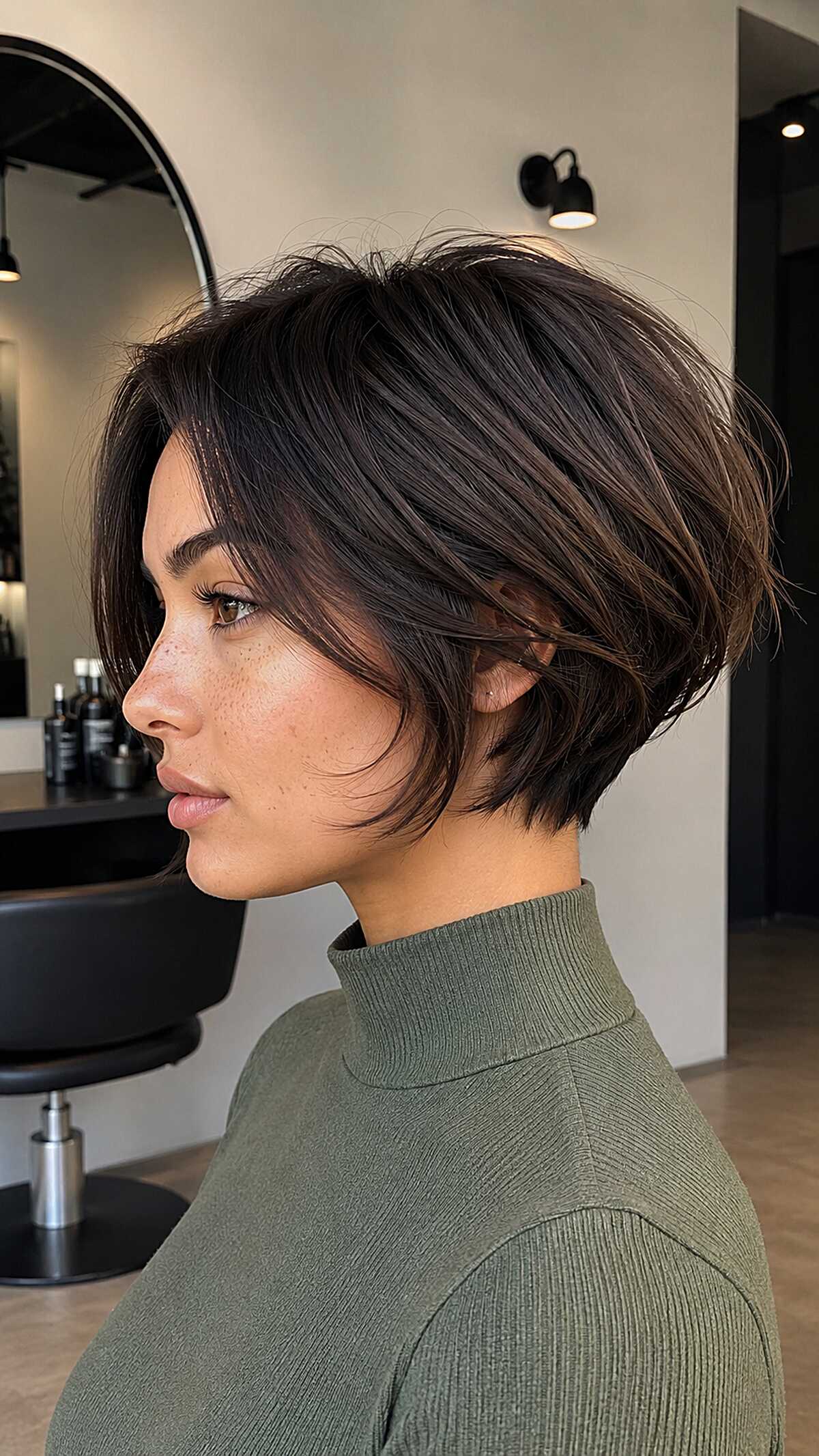 Tousled chin-length graduated pixie bob in dark espresso