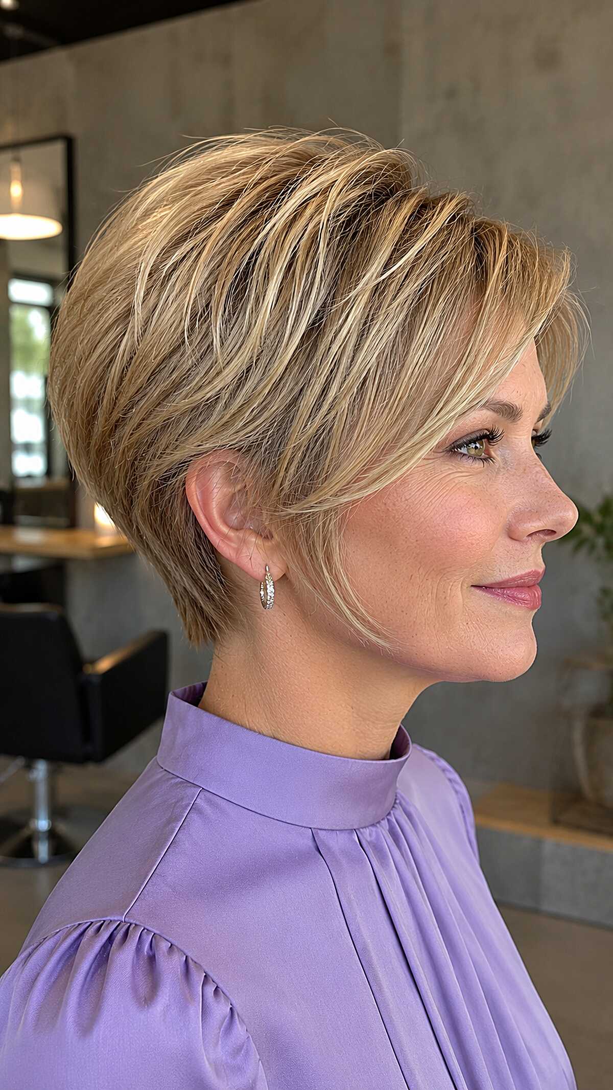 Tapered graduated pixie bob with honey caramel highlights