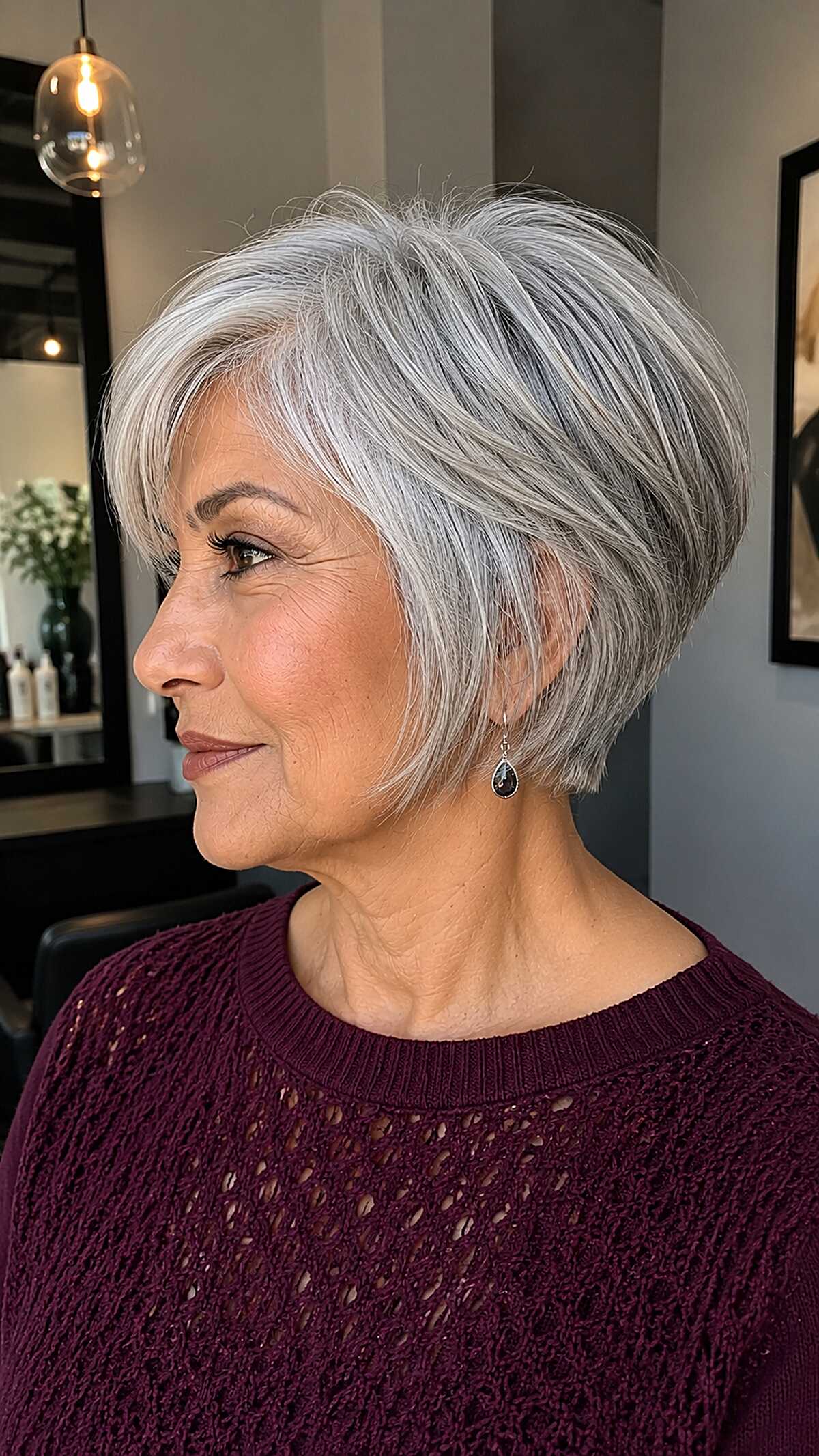 Salt and pepper layered graduated pixie bob with bangs